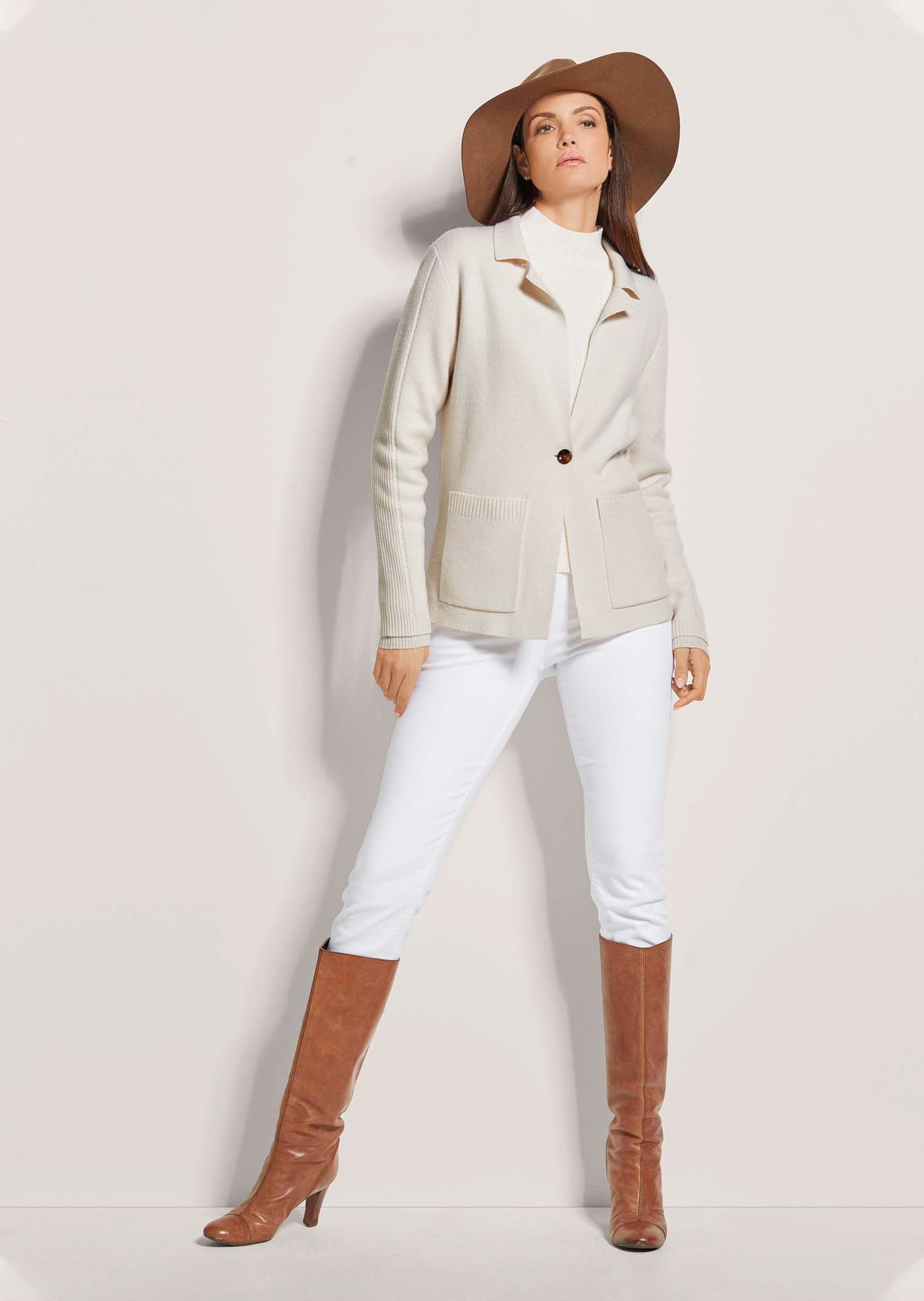 MADELEINE Strickjacke Strickjacke aus Merinowolle und Kaschmir Blazer mit Reverskragen, Pointelle-Muster, 1-Knopf-Verschluss