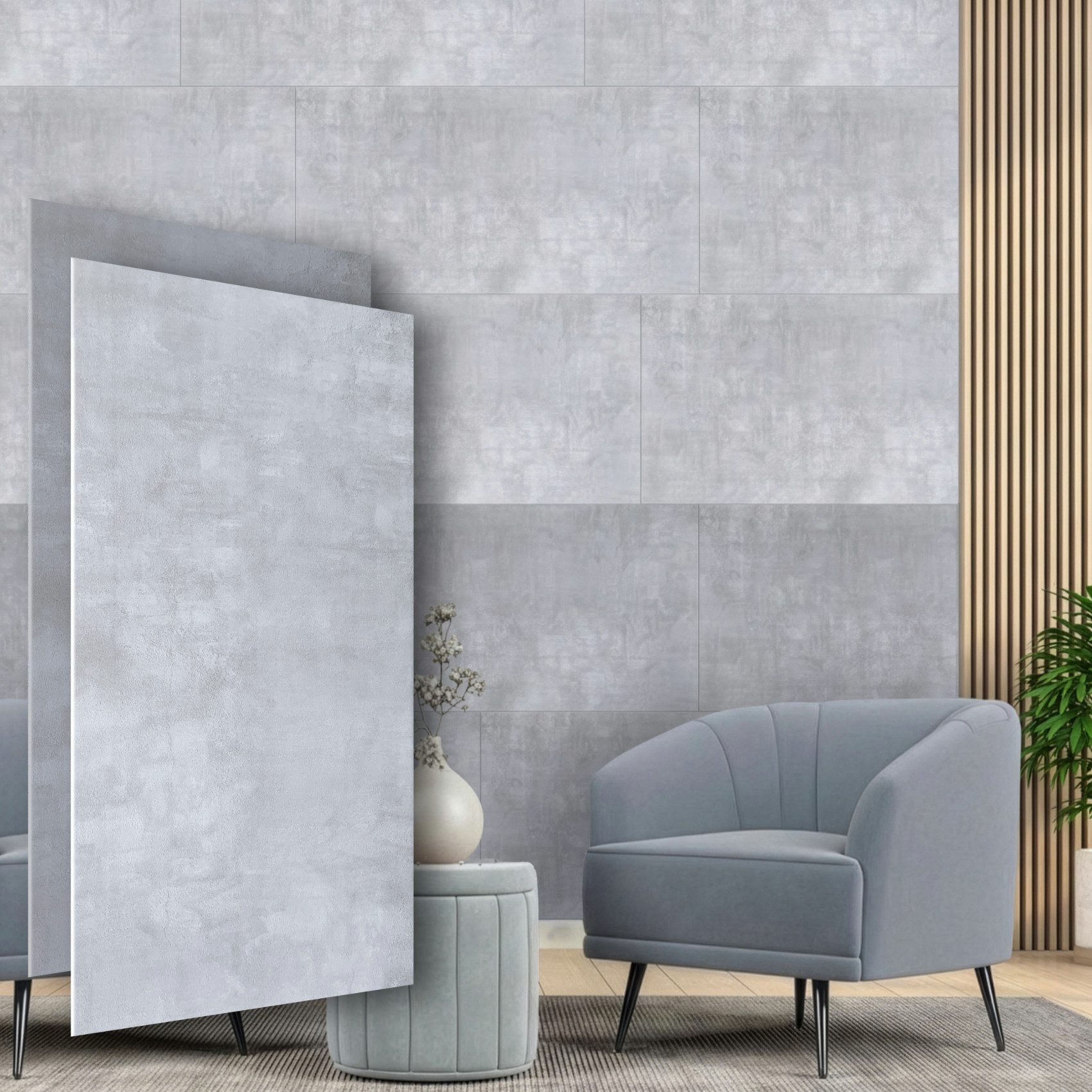 Hexim Wandpaneel, BxL: 50x100 cm, (16 Stück Wandpaneele Betonoptik 100x50cm - XPS Paneele 5mm stark hellgrau, Wandverkleidung Styroporplatten Deckenplatten, Concrete Light - 8qm)