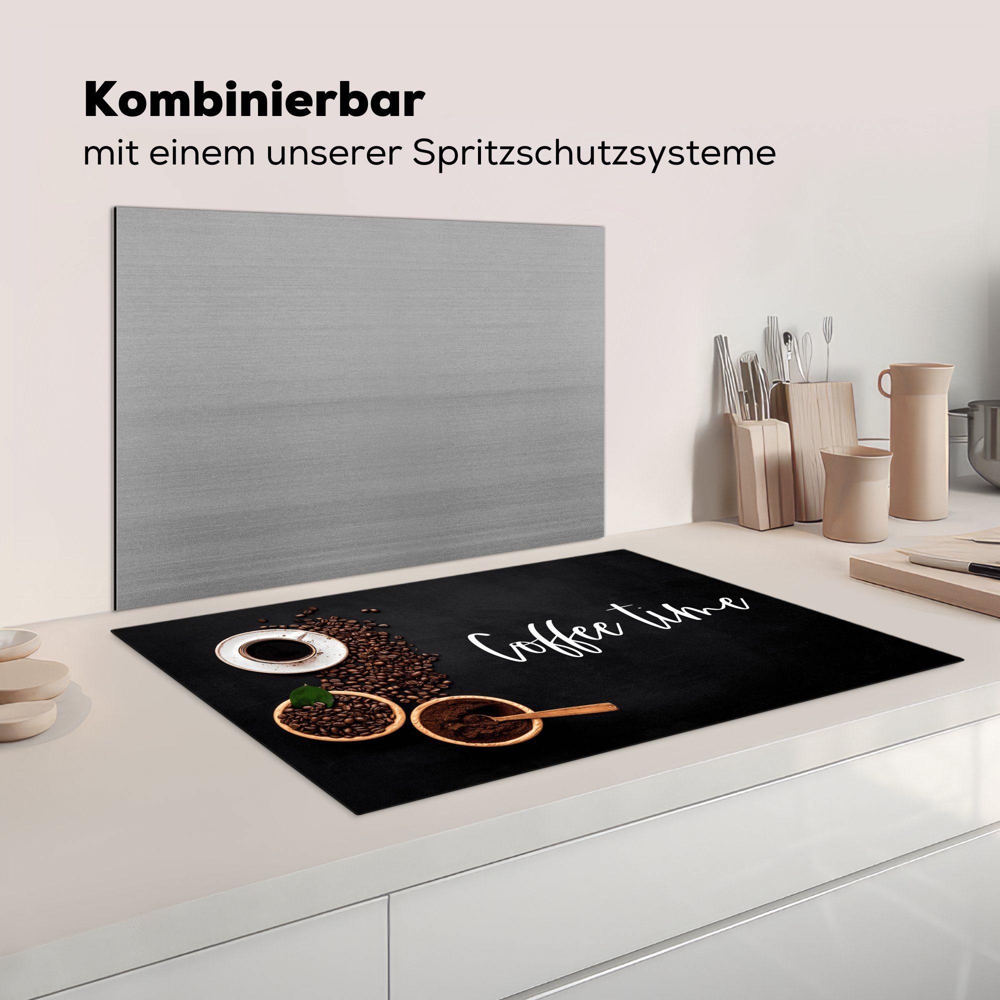 MuchoWow Herdblende-/Abdeckplatte Kaffeezeit - Vinyl, für die Küche -, 81x52 Schutz - Abdeckplatte Ceranfeldabdeckung cm, - - Induktionsschutz tlg), küche, Induktionskochfeld Kaffee (1