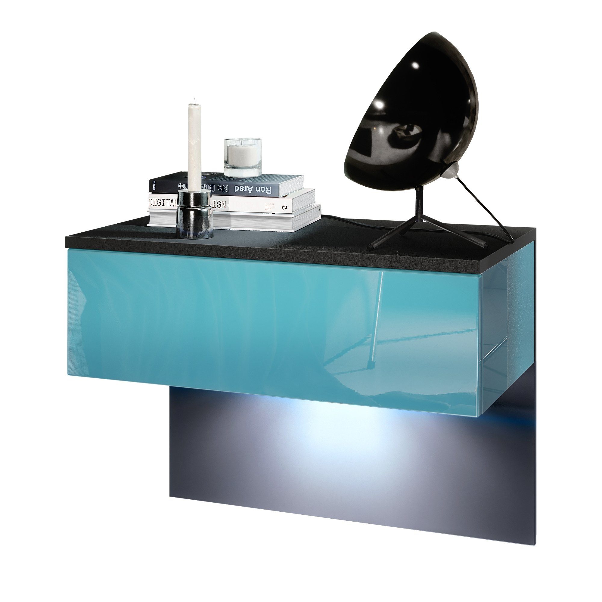 Vladon Nachttisch Sleep (Nachttischschrank, mit Schublade zur Wandmontage), Schwarz matt/Petrol Hochglanz (60 x 46 x 35 cm)
