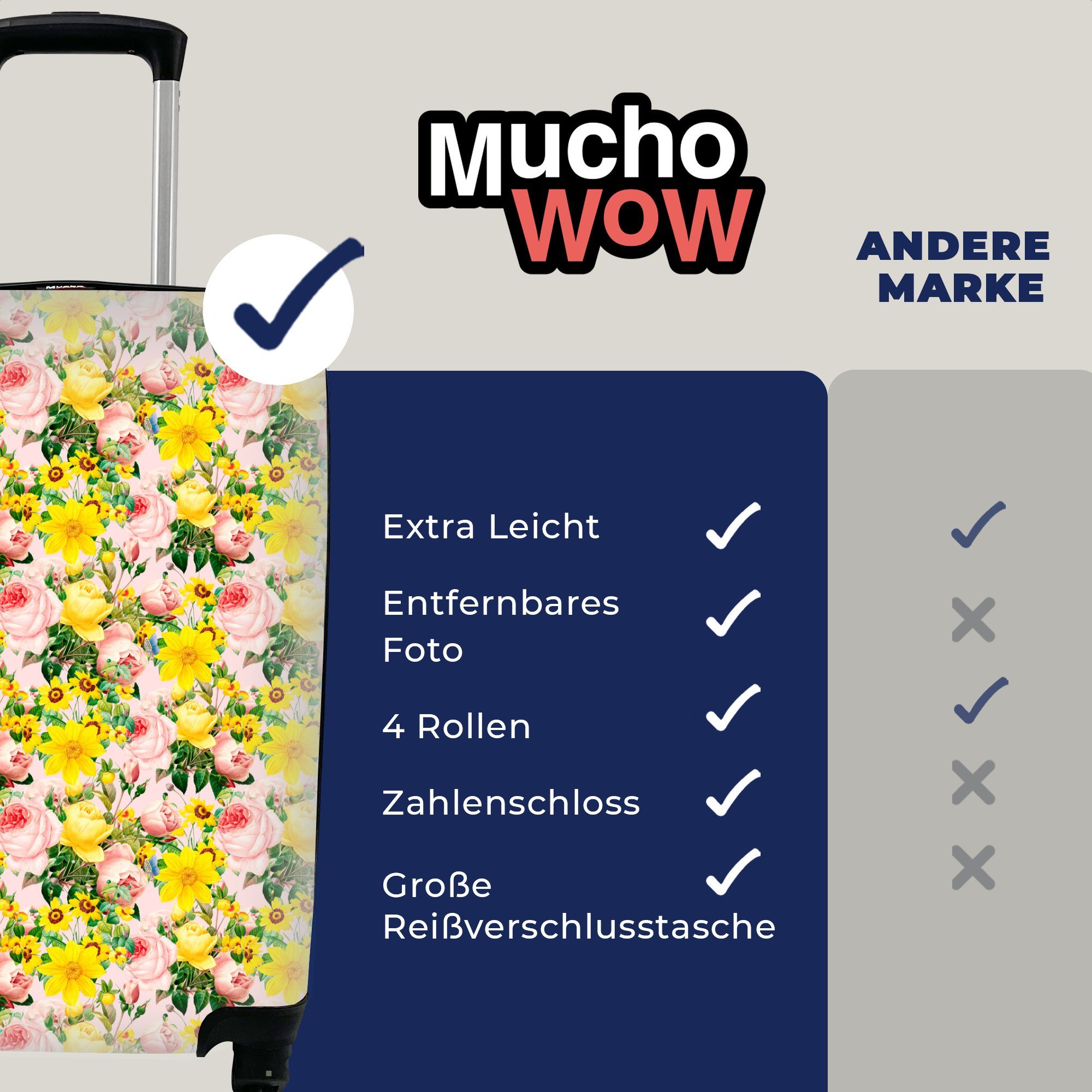 Reisekoffer Rollen, - Handgepäck Frühling, Handgepäckkoffer MuchoWow rollen, mit - Trolley, 4 Blumen für Rosen Ferien, Reisetasche