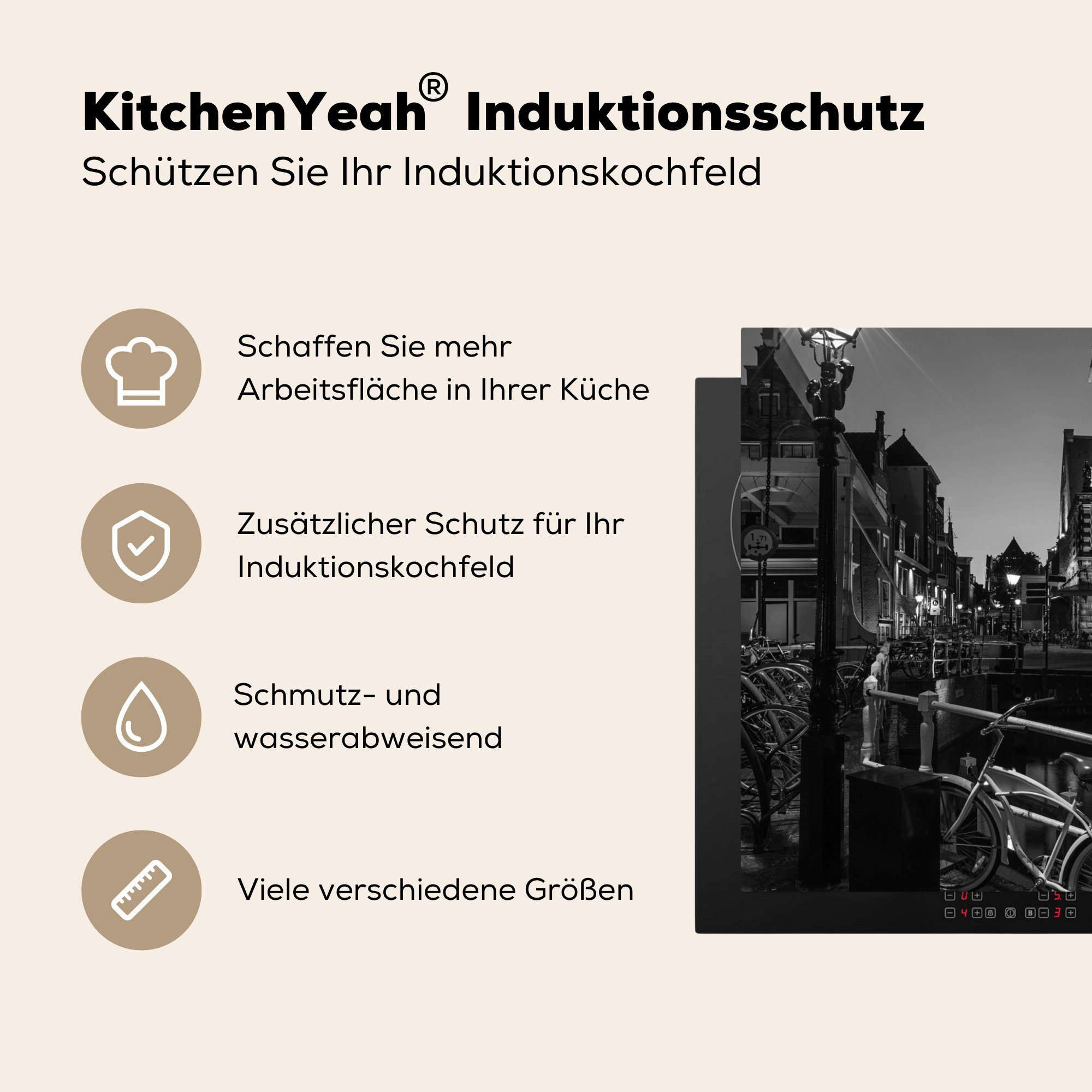 Weiß, Alkmaar küche cm, für Herdblende-/Abdeckplatte Kanal Vinyl, (1 MuchoWow - Ceranfeldabdeckung, 78x78 tlg), Schwarz - - Arbeitsplatte
