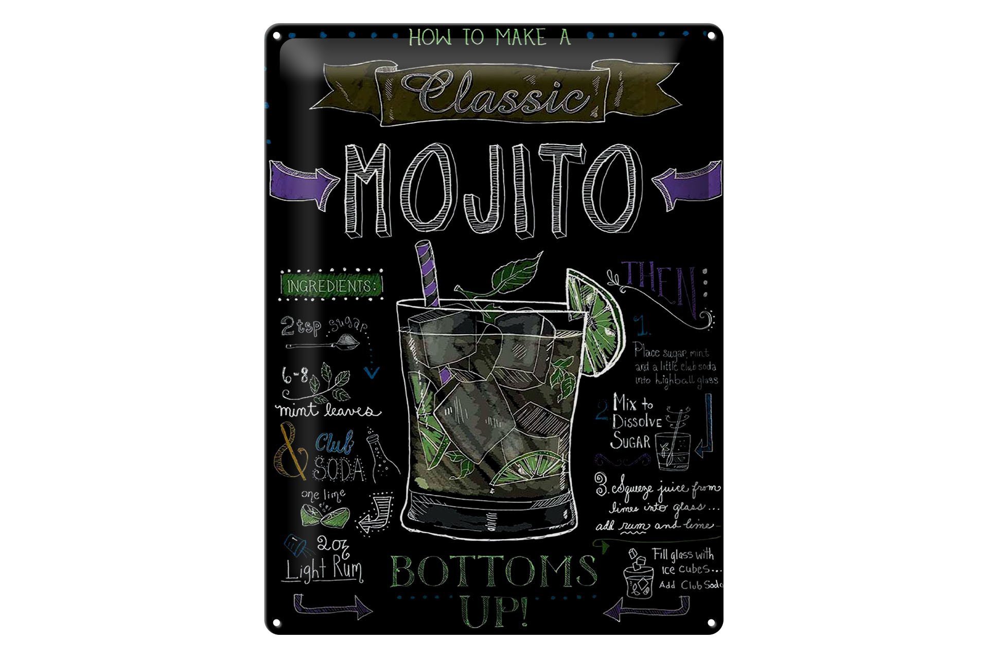 Femer GmbH Metallschild Cocktail 30x40 cm Classic Mojito Rezept Tafeloptik, (1 St), gewölbte Oberfläche, abgerundete Ecken, umgeschlagene Kanten