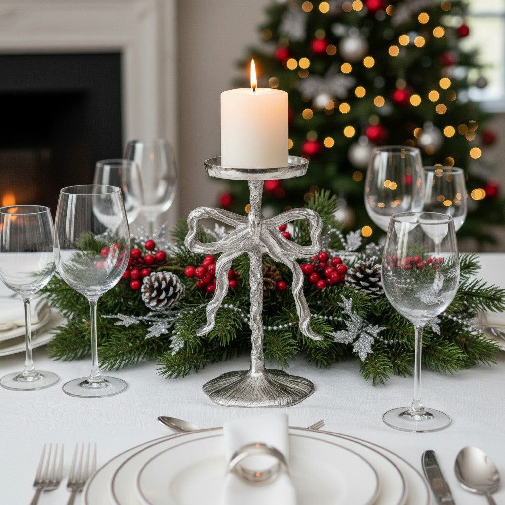 MF Kerzenleuchter Bow Elegance Kerzenleuchter Schleifenform Silber 26cm Aluminium (1 St)