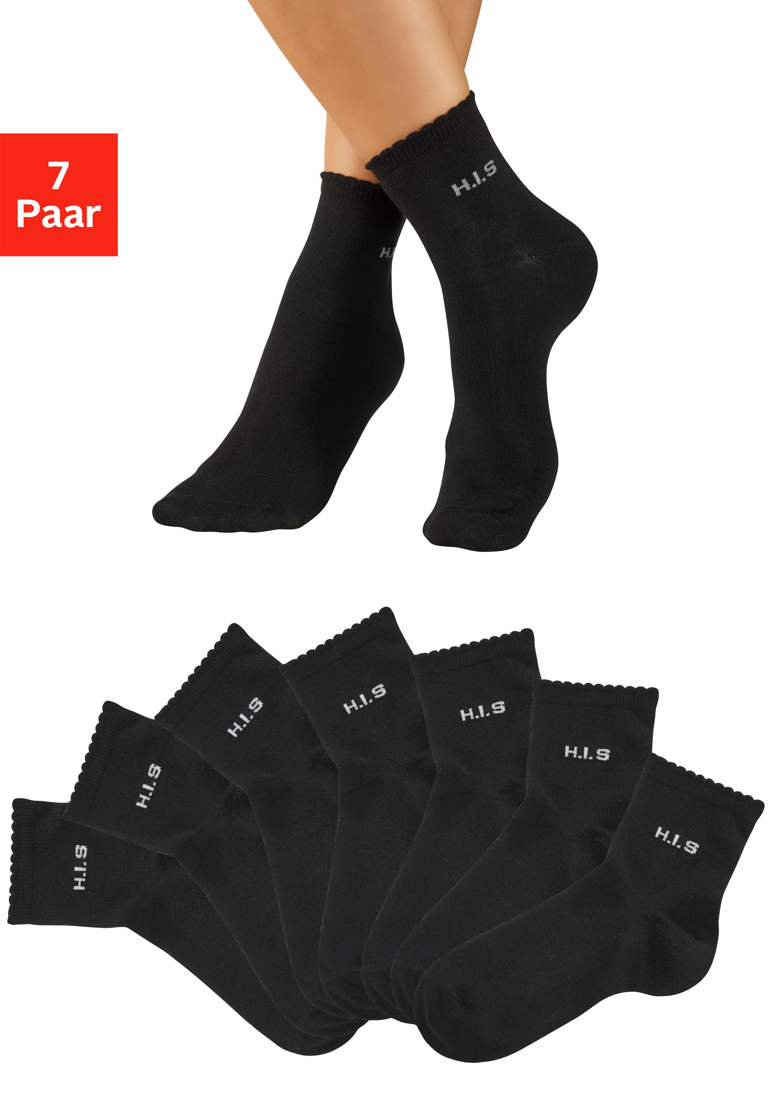 H.I.S Kurzsocken Damen uni und meliert für die ganze Woche (Packung, 7-Paar, Gr. 35-38 bis 39-42) mit gewelltem Bündchen