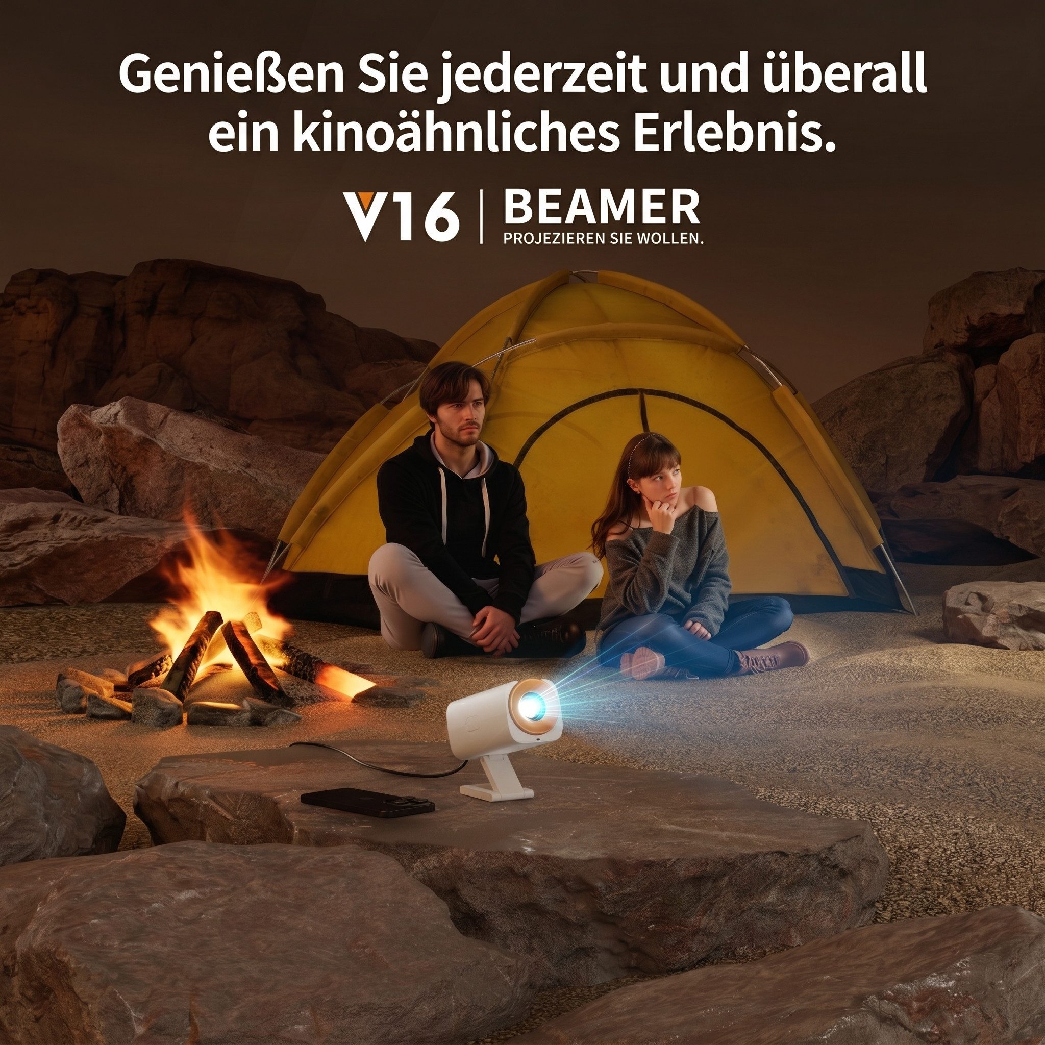 Blossom Tragbarer Projektor Beamer V16, 1080p, 4K, Android 13, WiFi 6, BT 5.0 Beamer (8000 lm, 15–150 Zoll Projektor, 8000 Lumen LED, Faltbarer, für Indoor Outdoor)