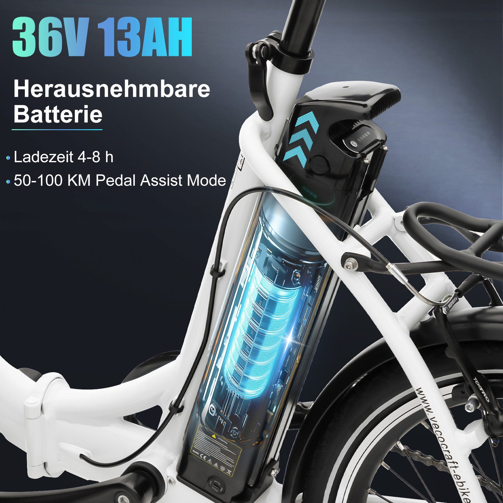 VECOCRAFT E-Bike Faltrad 36V 13Ah Elektrofahrrad,20’’ Pedelec max.100km,klappbar, E-PAX, 7 Gang Shimano, Kettenschaltung, Heckmotor, 468 Wh, E-Citybike,Cityrad für Damen und Herren mit Gepäckträger