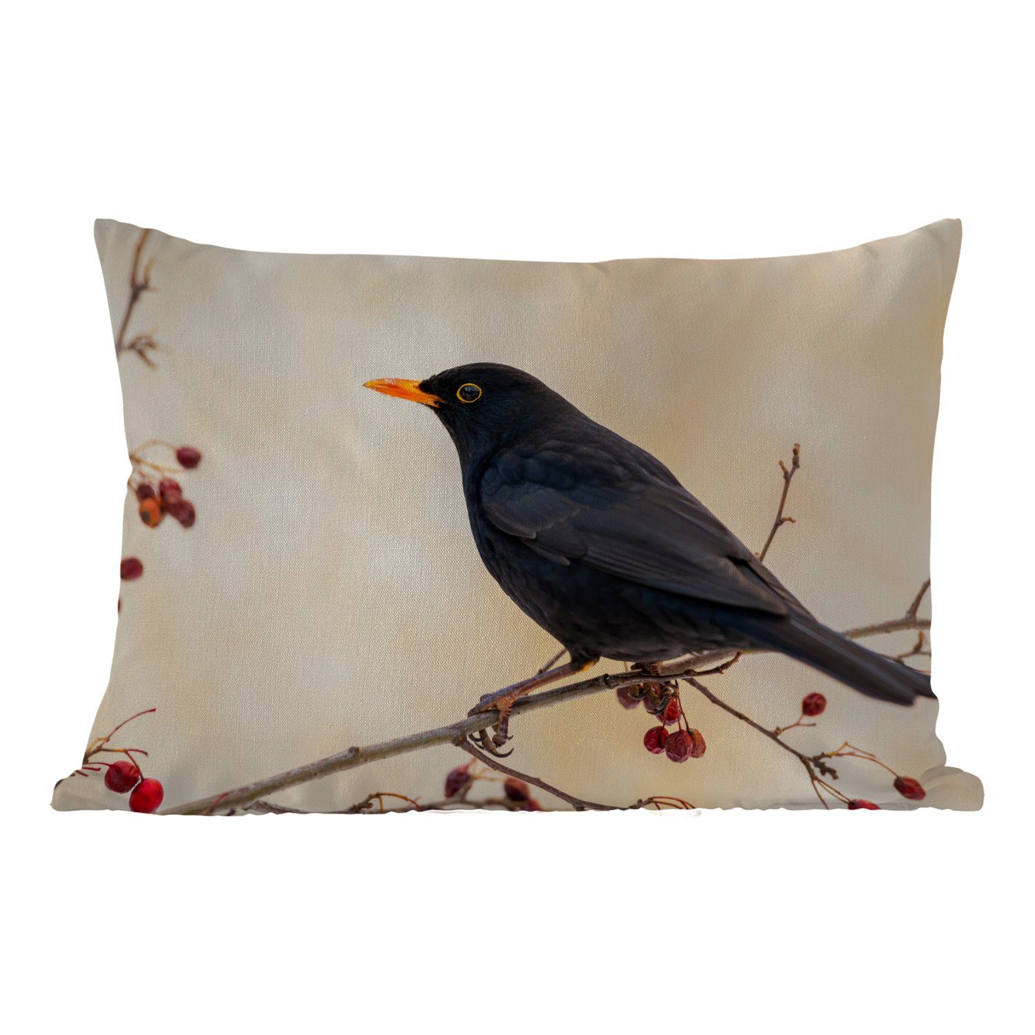 Dekokissenbezug, - - - - Zweige Amsel Beere Polyester, Dekokissen MuchoWow Kissenhülle Outdoor-Dekorationskissen, Rot, Vogel