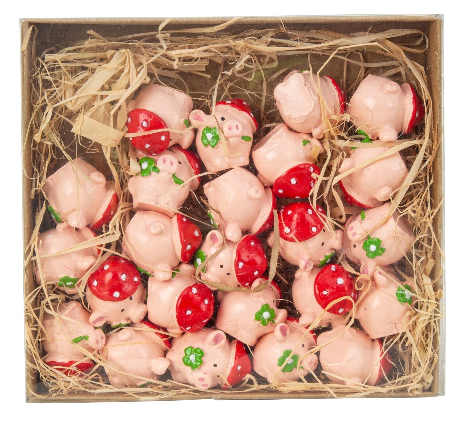 LB H&F Lilienburg Streudeko 24er SET Glückssteine Glücksbringer Tisch Deko Silvester Party Gast, (Schwein Glücksschwein Glück Deko Schulbeginn rosa mini Tischdeko Silvesterparty Geschenk Mitgebsel Gäste Prüfung viel Glück Glücksschweinchen Figur Tischdeko Schweine Schweinchen Neujahrsgeschenke Neujahrsglücksbringer Pilz Glückspilz Kleeblatt Klee Glücksklee), Tischdekoration Talisman Gastgeschenk Neujahr kleines Geschenk mini