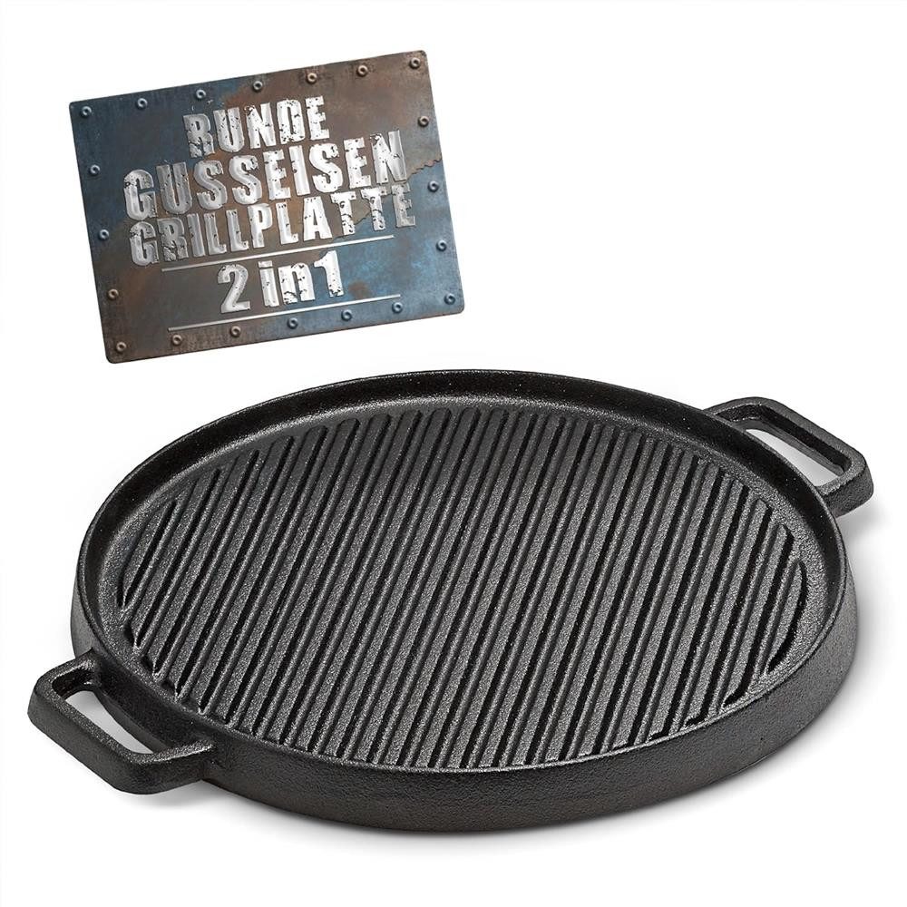 BBQ Boss Grillplatte Runde Grill Gussplatte 2 in 1 Gusseisern Ø 29,5cm, 2-in-1 Wendeplatte mit geriffelter und glatter Seite