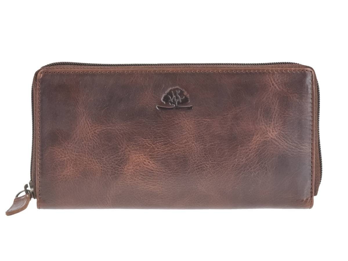Greenburry Geldbörse "Rugged" Damenbörse Portemonnaie Leder 19x10cm teak braun, Lederbörse, 12 Kartenfächer, RFID-Schutz, Langbörse