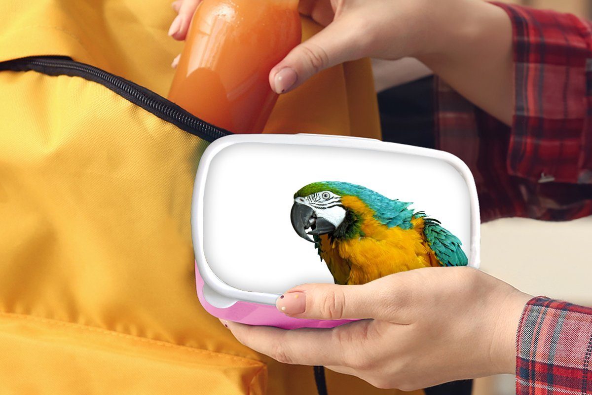 MuchoWow Lunchbox Papagei - Vogel für Mädchen, Federn Kunststoff Snackbox, Brotdose (2-tlg), Kinder, Kunststoff, Brotbox Erwachsene, Porträt, - rosa 