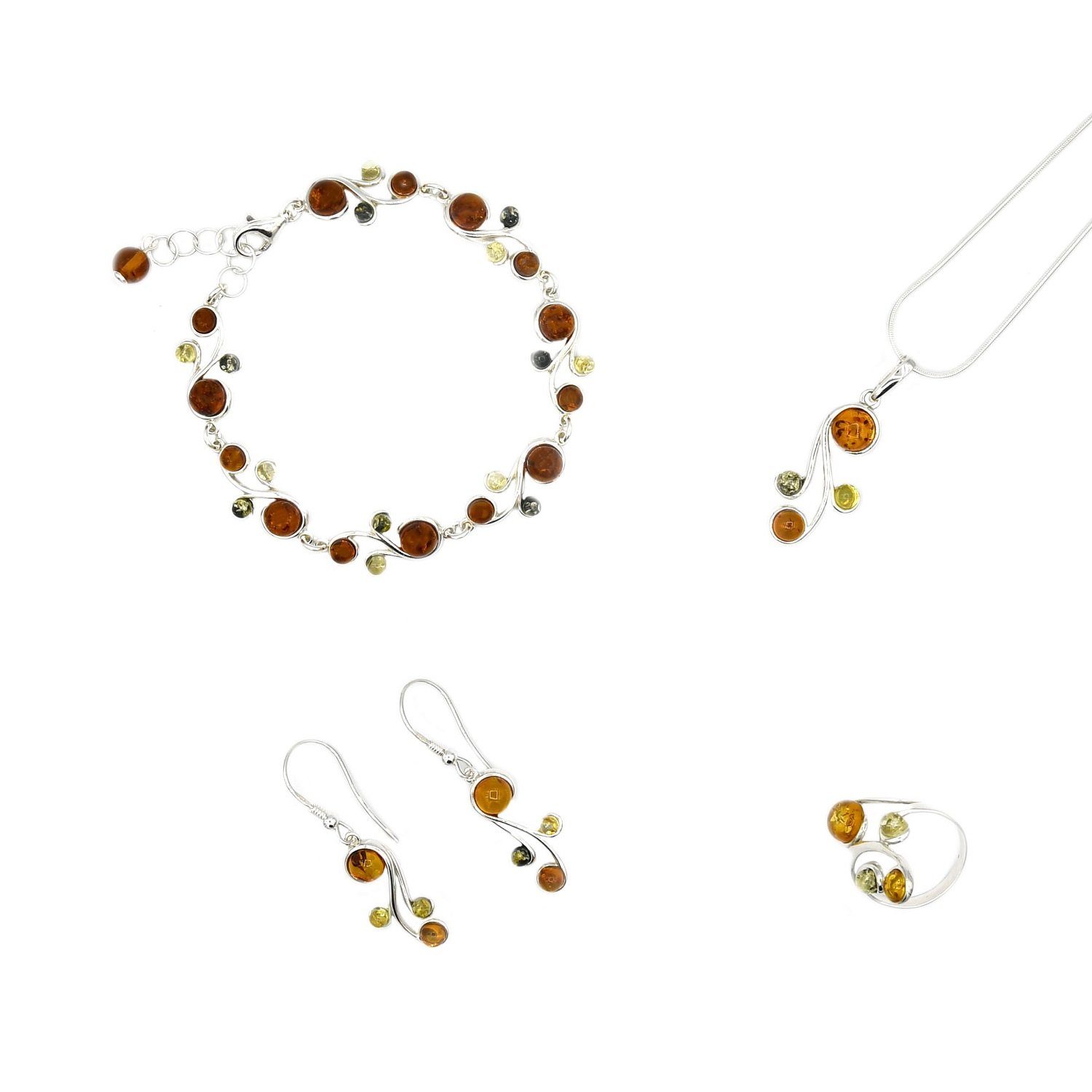 MyBer® Schmuckset Bernstein Sterling Silber 925 Halskette Pendant Armband Ohrringe Ring (6-tlg), Bernstein Schmuck Set PMBER3