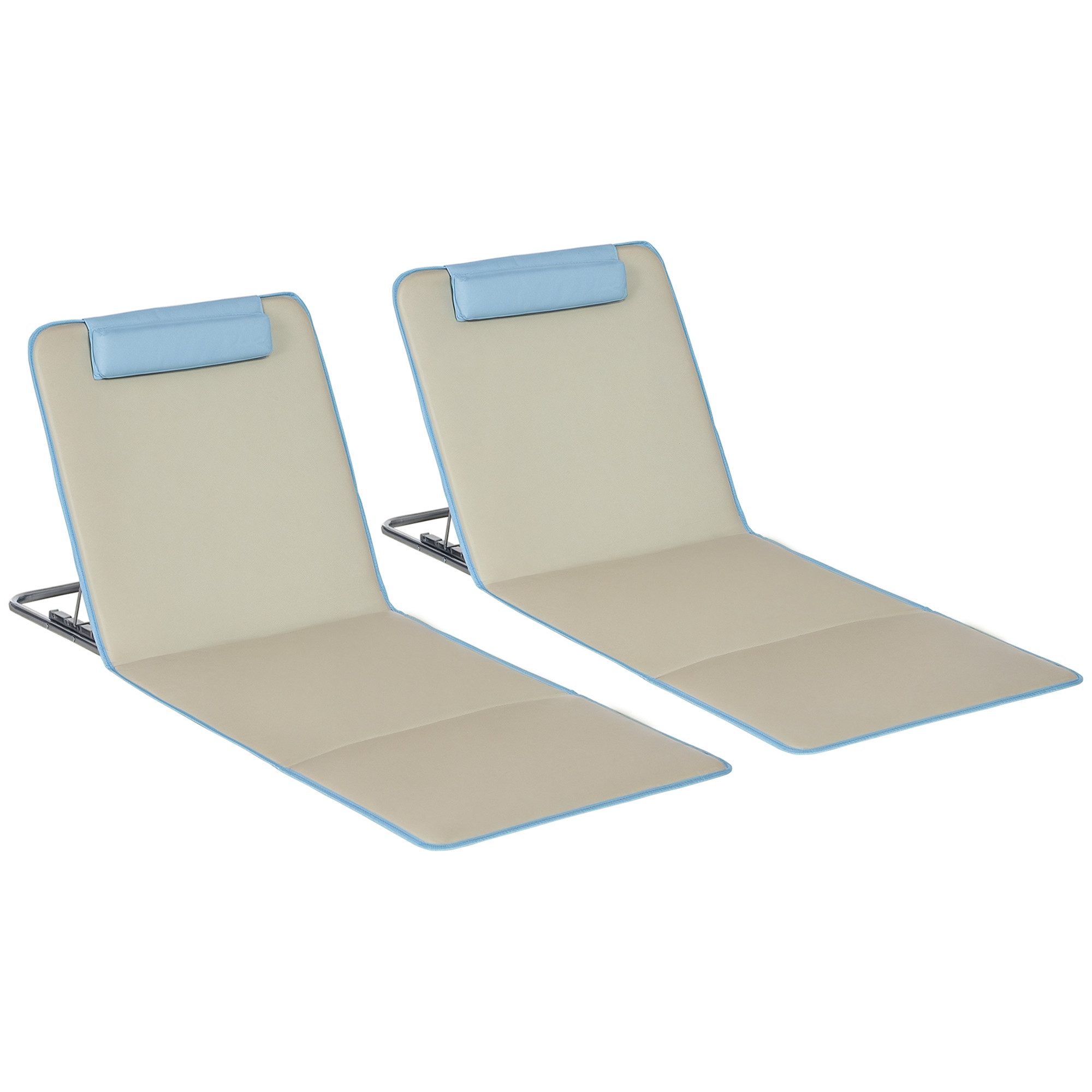 Outsunny Gartenliege Faltbare Strandmatratze, Höhenverstellbare Strandmatratze mit Tragetasche, 2 St., Oxfordstoff, Beige+Hellblau, 124 x 53 x 35-45 cm