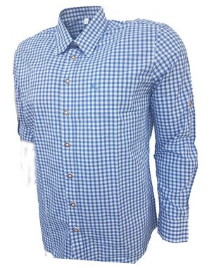 OS-Trachten Trachtenhemd Trachtenhemd blau kariert, aus reiner Baumwolle, Ärmel zum krempeln