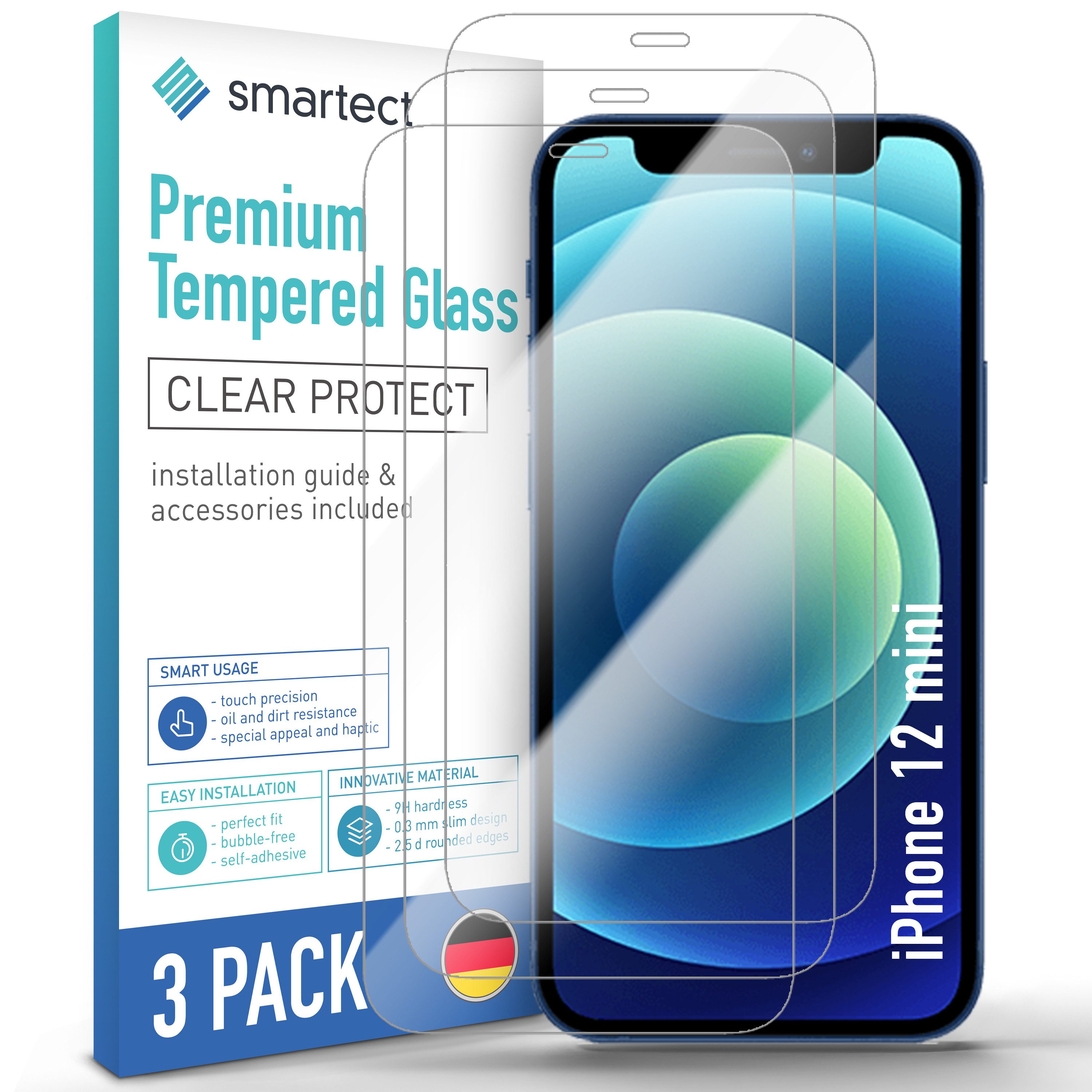smartect Displayschutzglas Schutzglas Panzerfolie Klar für iPhone 12 mini, Set, 3 Stück, Schutzfolie Glasschutz Bildschirm