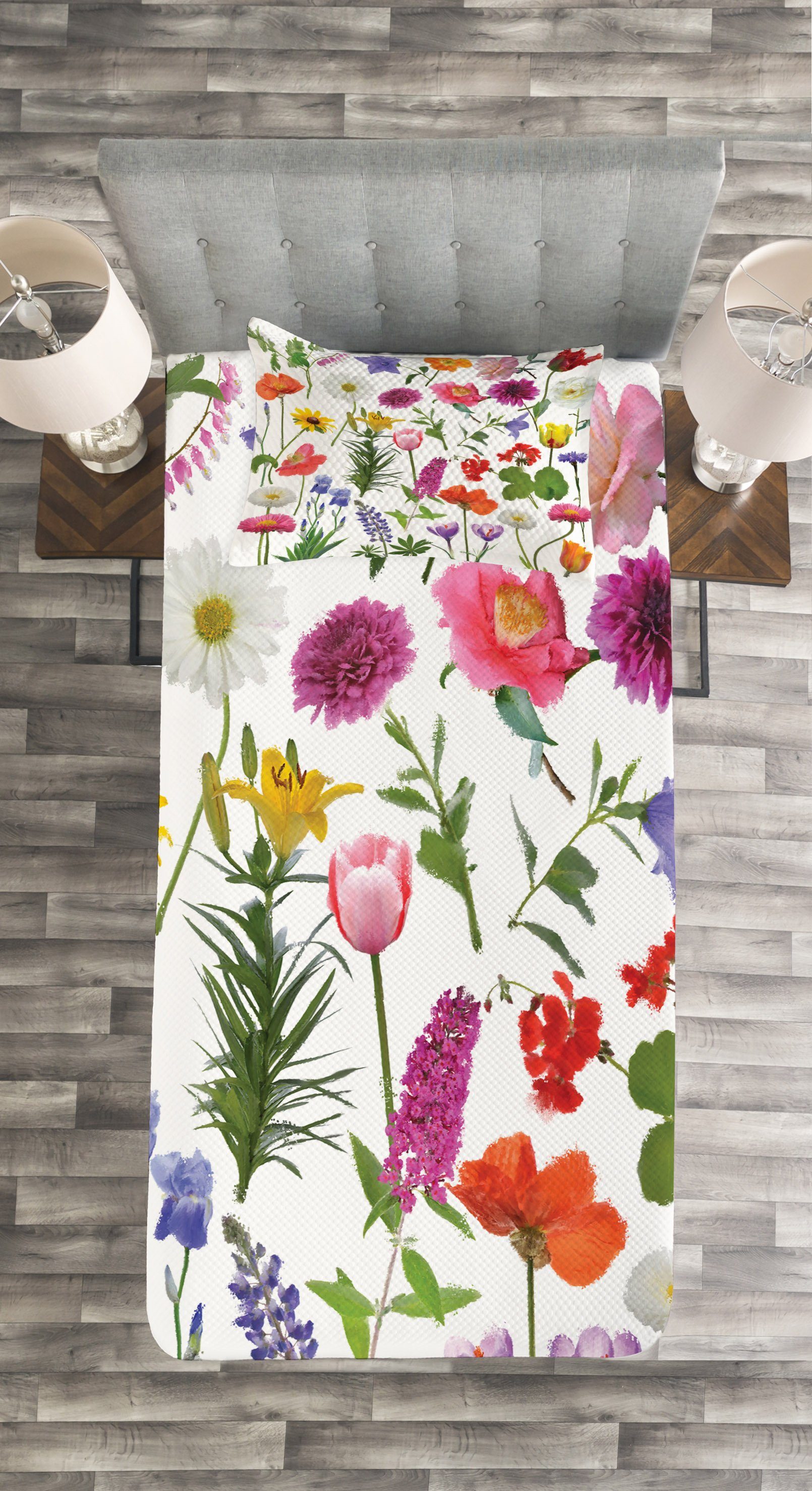 mit Kissenbezügen Blume Tagesdecke Farbige Tulpen Rosen Waschbar, Abakuhaus, Set