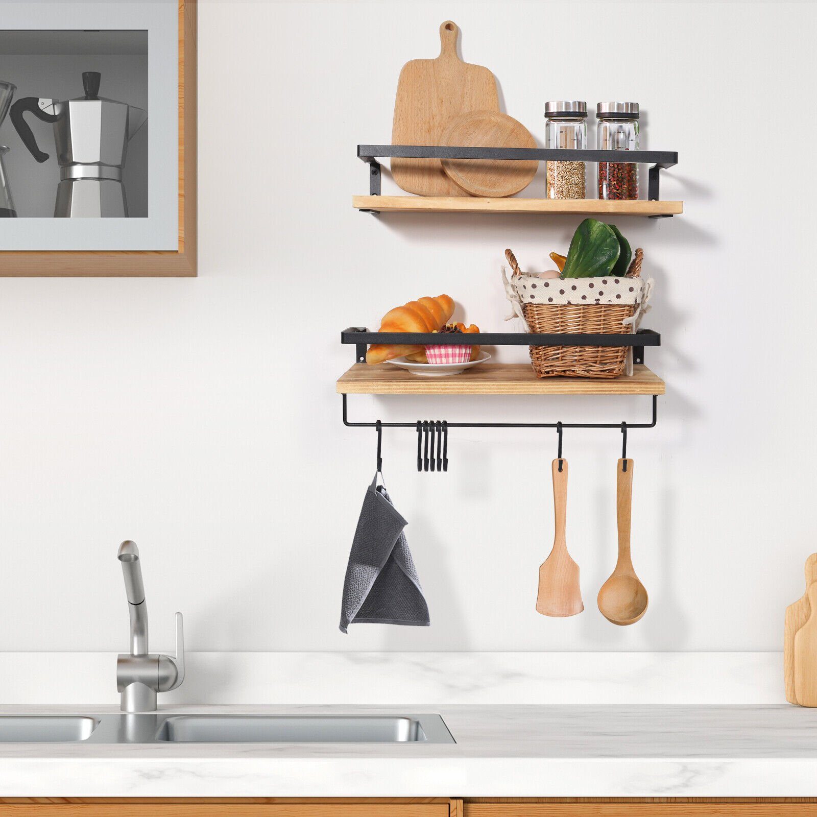 Stelby Wandregal Wandregal 2er Set Schweberegal mit 6 Haken & Handtuchhalter, Set 2-tlg., Wandregal mit 15 Kg Tragkraft, platzsparend & vielseitig einsetzbar