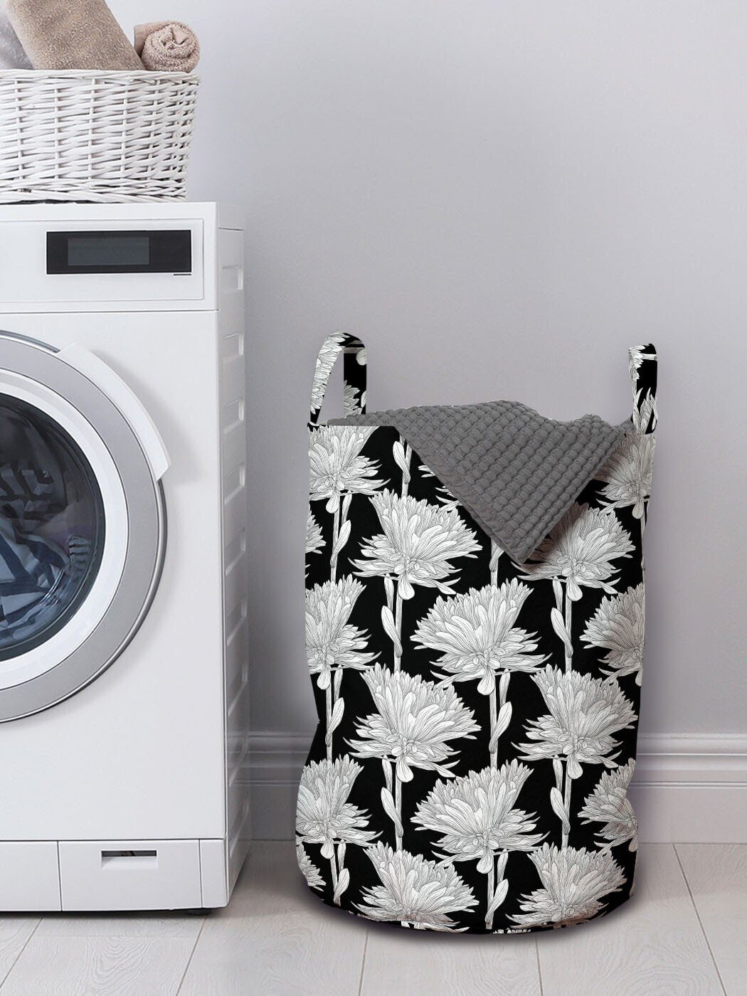 für Wäschesäckchen Griffen Abakuhaus mit Wäschekorb Monochrome Waschsalons, Blumen Aster Kordelzugverschluss Blumen