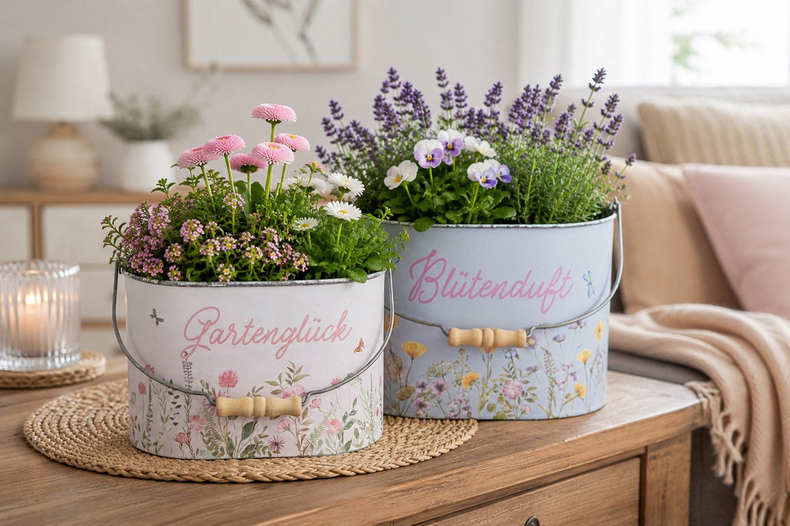 finehomegarden Blumentopf Eimer-Set oval aus Metall mit Spruch und Henkel, 2-teilig bunt (2 St., 2er-Set), Größen 22x14/25x17 cm Dekoeimer & Pflanzgefäße