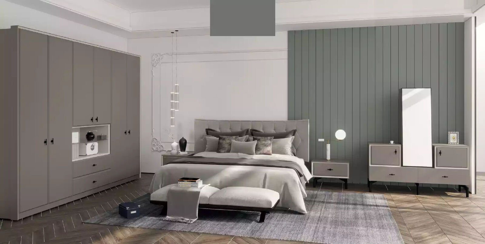 JVmoebel Schlafzimmer-Set Graue Schlazimmer Garnitur Designer Bett Kommode Kleiderschrank Luxus, (5-St), Made in Europa