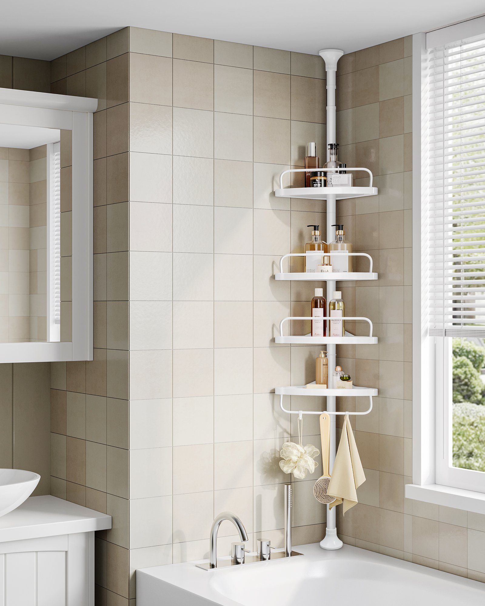 SONGMICS Duschablage mit 4 Ablagen, Gesamthöhe 85-305 cm, höhenverstellbar, rostbeständig, Eckregal Bad, mit 4 Ablagen, Badregal, 85-305 cm, höhenverstellbar