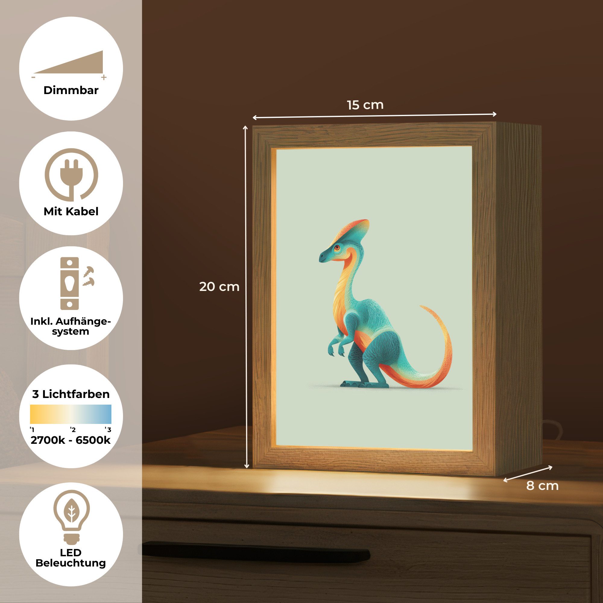 OnlyWow Nachttischlampe Lightbox Schwanz - Dino - Minimalistisch - Blau - Jungen, Dimmbar, Farbwechsel, LED, Warmweiß, Kaltweiß, Neutralweiß Einstellbar, Kinderzimmer, Babyzimmer, Dimmbar, mit Kabel, Nachtlampe, LED