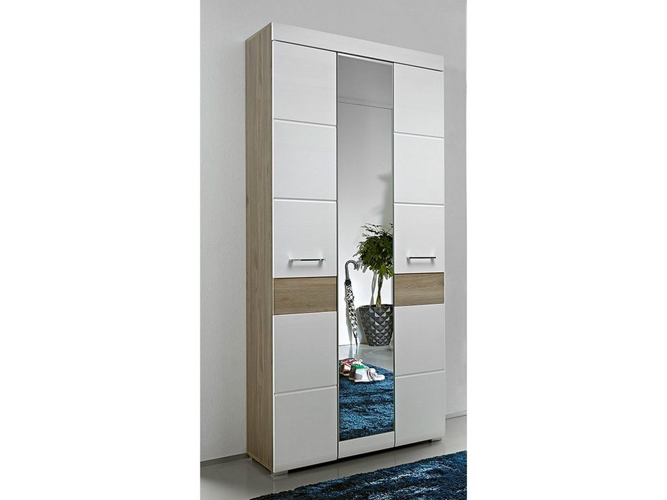 möbelando Garderobenschrank Allison Moderner Garderobenschrank aus Front  MDF- Struktur in weiß und Absetzungen aus MDF in Silbereiche, Korpus in  Silbereiche Nachbildung mit 2 Holztüren, 1 Spiegeltür, 6 Einlegeböden 1  Konstruktionsboden und 1