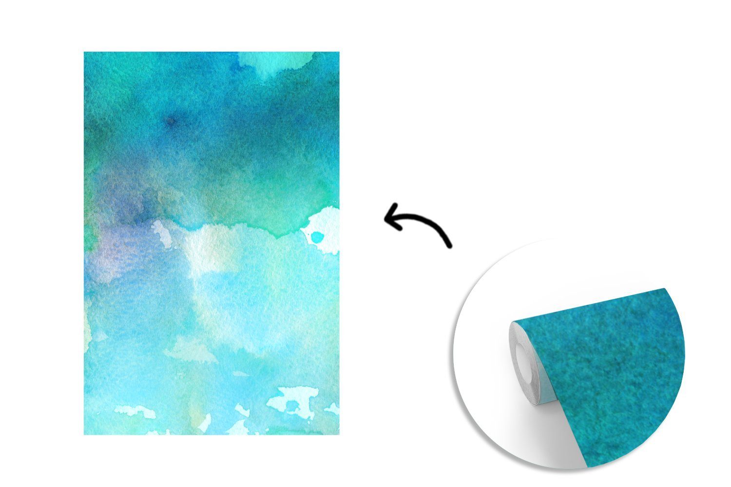 St), Wohnzimmer, für MuchoWow - Aquarell - Grün Matt, Tapete Wandtapete Montagefertig Vinyl Blau, (3 Fototapete bedruckt,