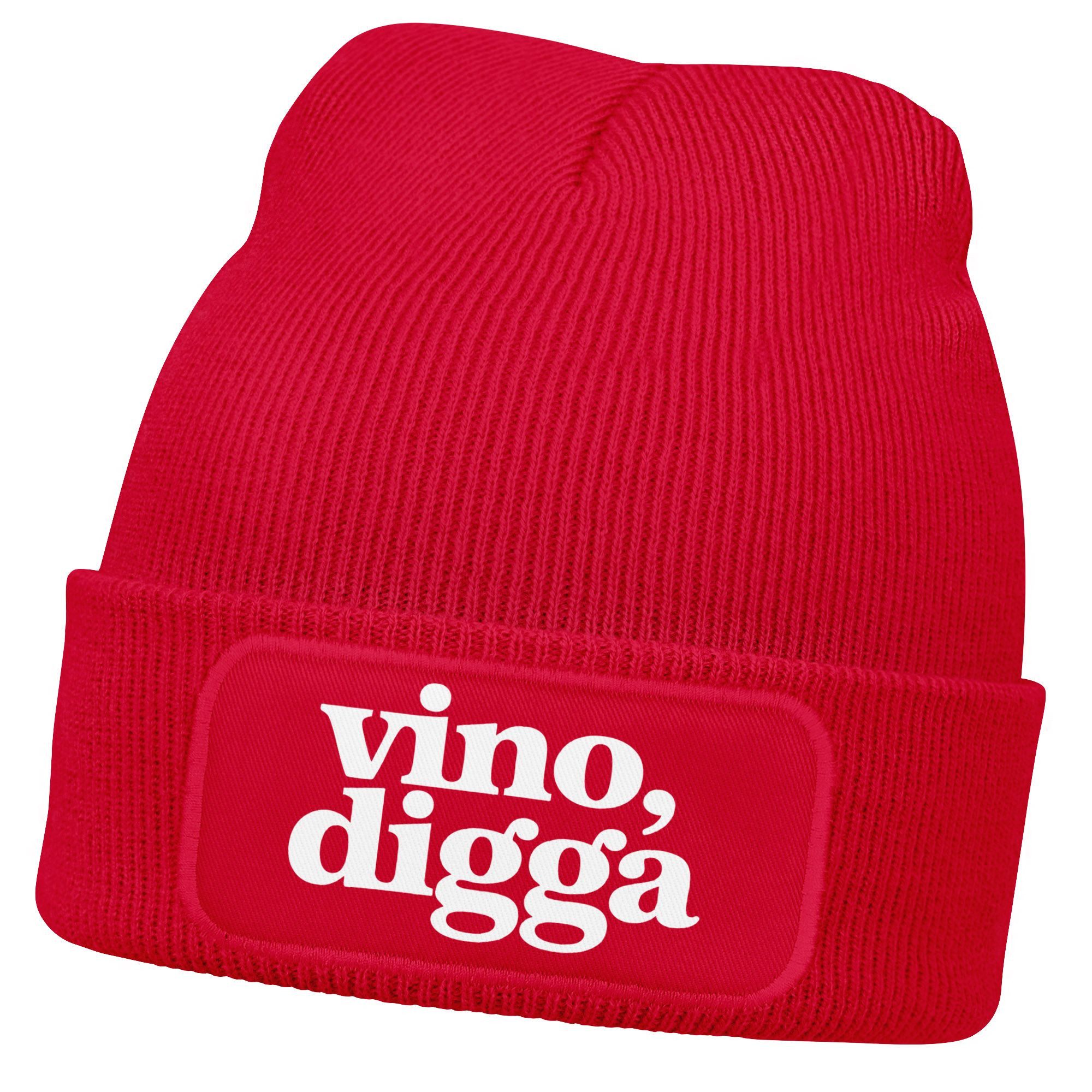 Strickmütze Damen Beanie Strickmütze mit Spruch Vino Digga Aufdruck Lustig
