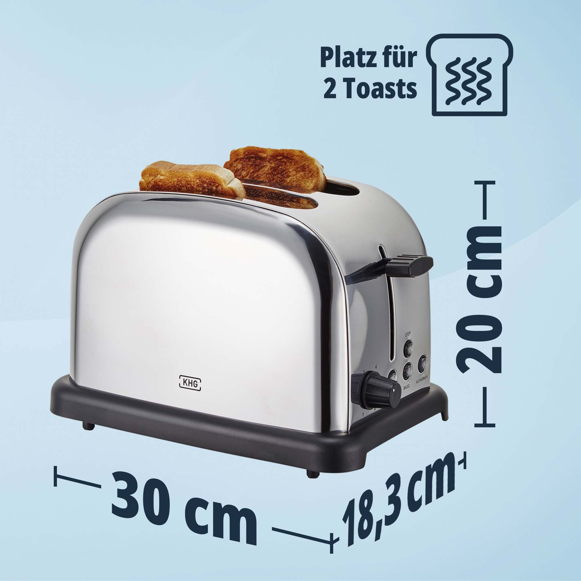 KHG Toaster Edelstahl, Auftau- und Aufwärmfunktion, 6 Bräunungsstufen, 2 kurze Schlitze, für 2 Scheiben, 1000 W, Brötchenaufsatz, Krümelschublade, Bagel-Funktion