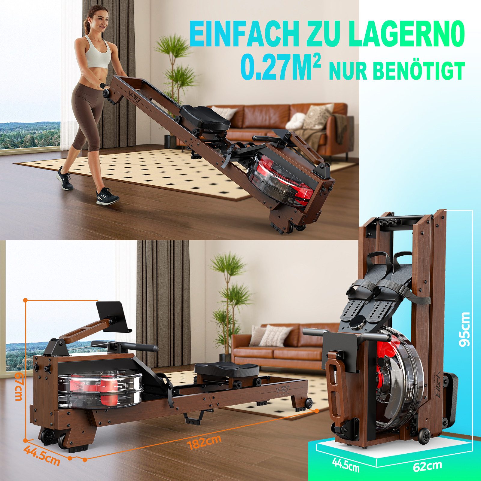 VOWVIT Rudergerät für Zuhause, mit Hochwertigen Holzdesign, Bluetooth (1-tlg), Geeignete Benutzergröße von 1.2 m bis 2 m, 175 KG Gewichtsbelastung