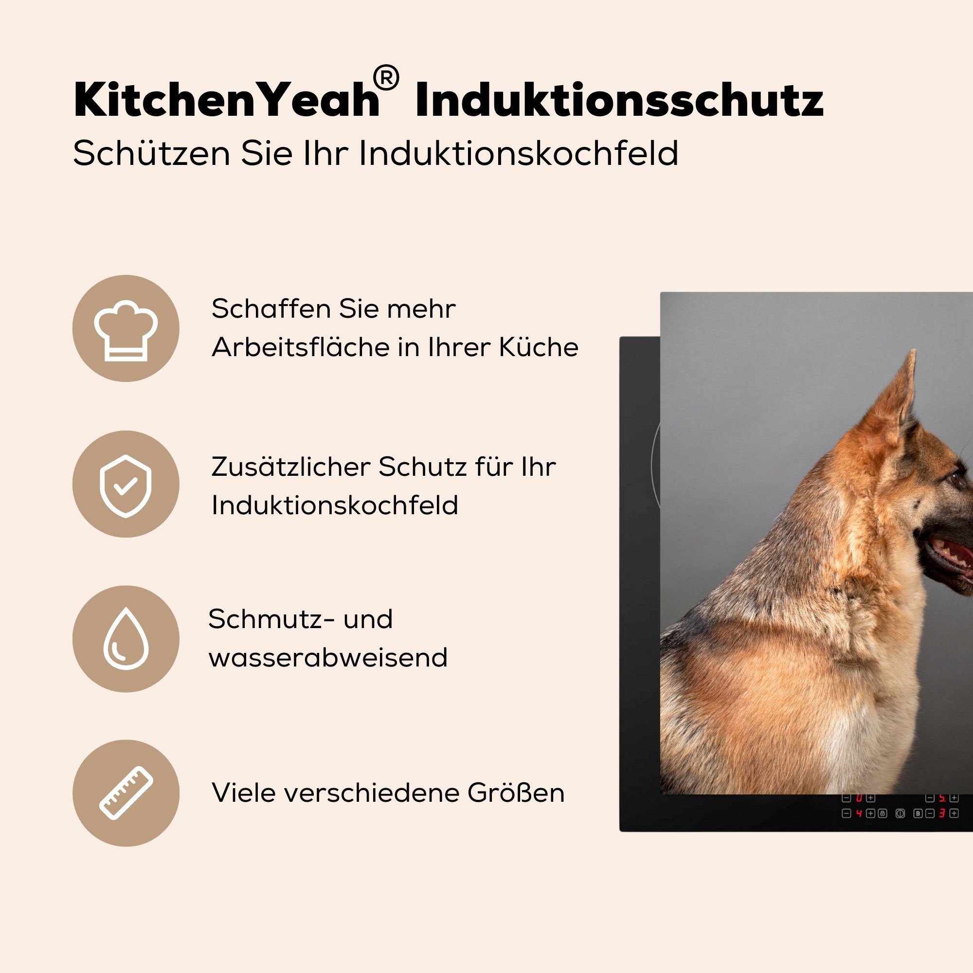 MuchoWow Herdblende-/Abdeckplatte Seitenansicht eines Deutschen Ceranfeldabdeckung, cm, Schäferhundes, (1 für 78x78 Arbeitsplatte tlg), Vinyl, küche