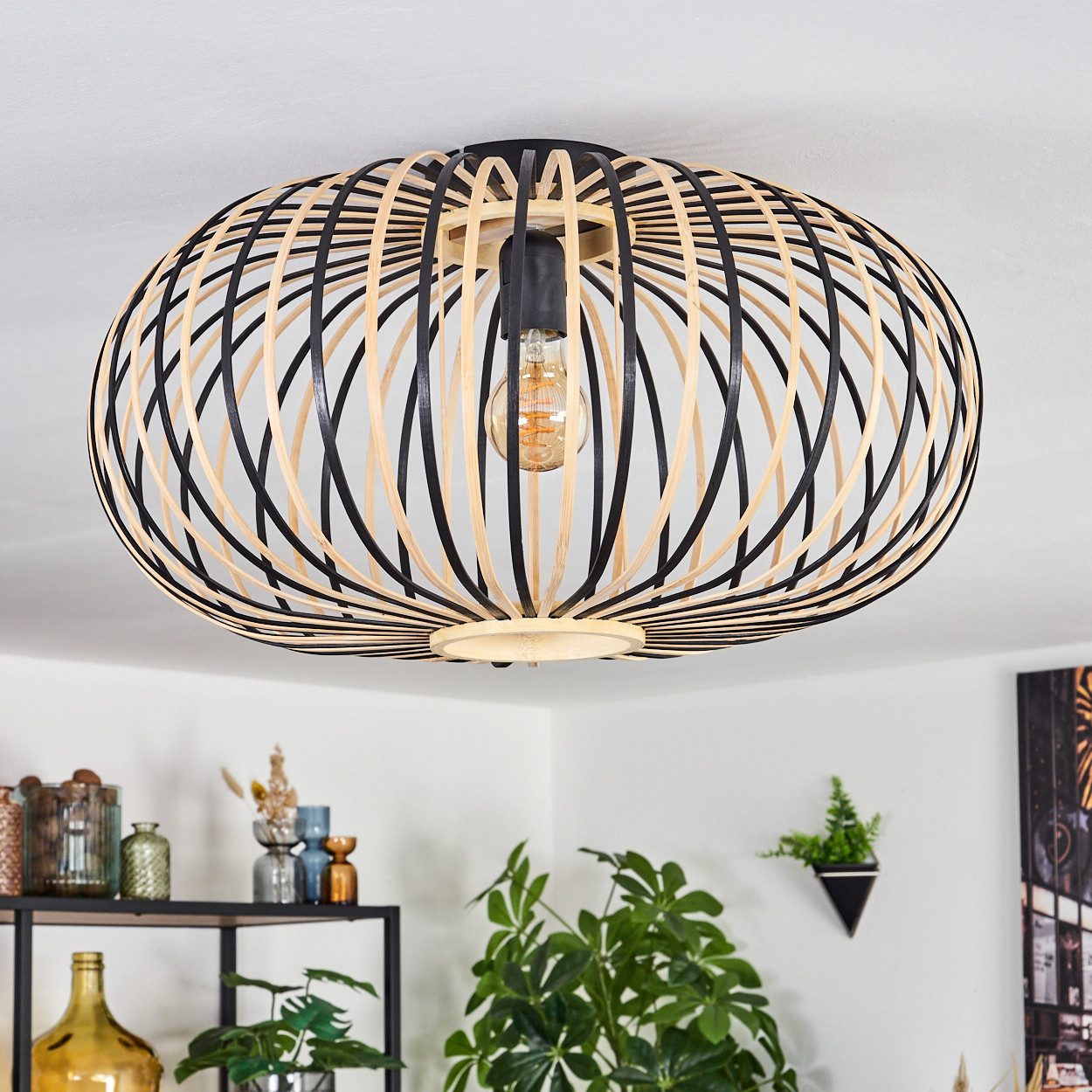 hofstein Deckenleuchte Deckenlampe aus Metall/Bambus in Schwarz/Natur, Leuchte im Boho-Style, ohne Leuchtmittel, skandinavisches Design, Schirm Ø 40 cm, mit Lic – Bild 2 von 5