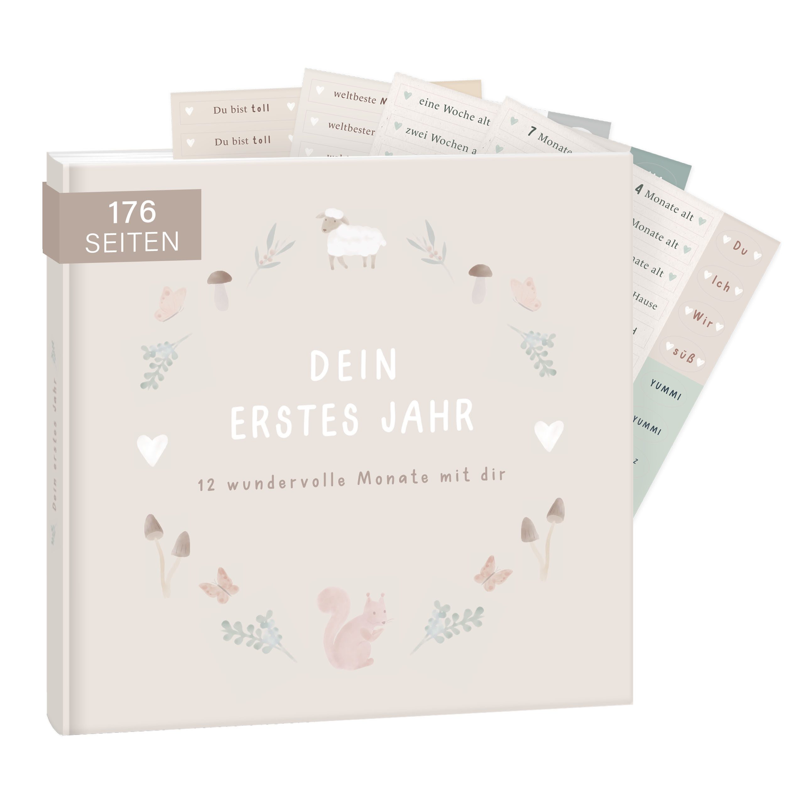 mintkind Tagebuch Babyalbum mein erstes Jahr - Erinnerungsbuch 176 Seiten, Babytagebuch mit Stickern, Naturdesign & Platz für Fotos