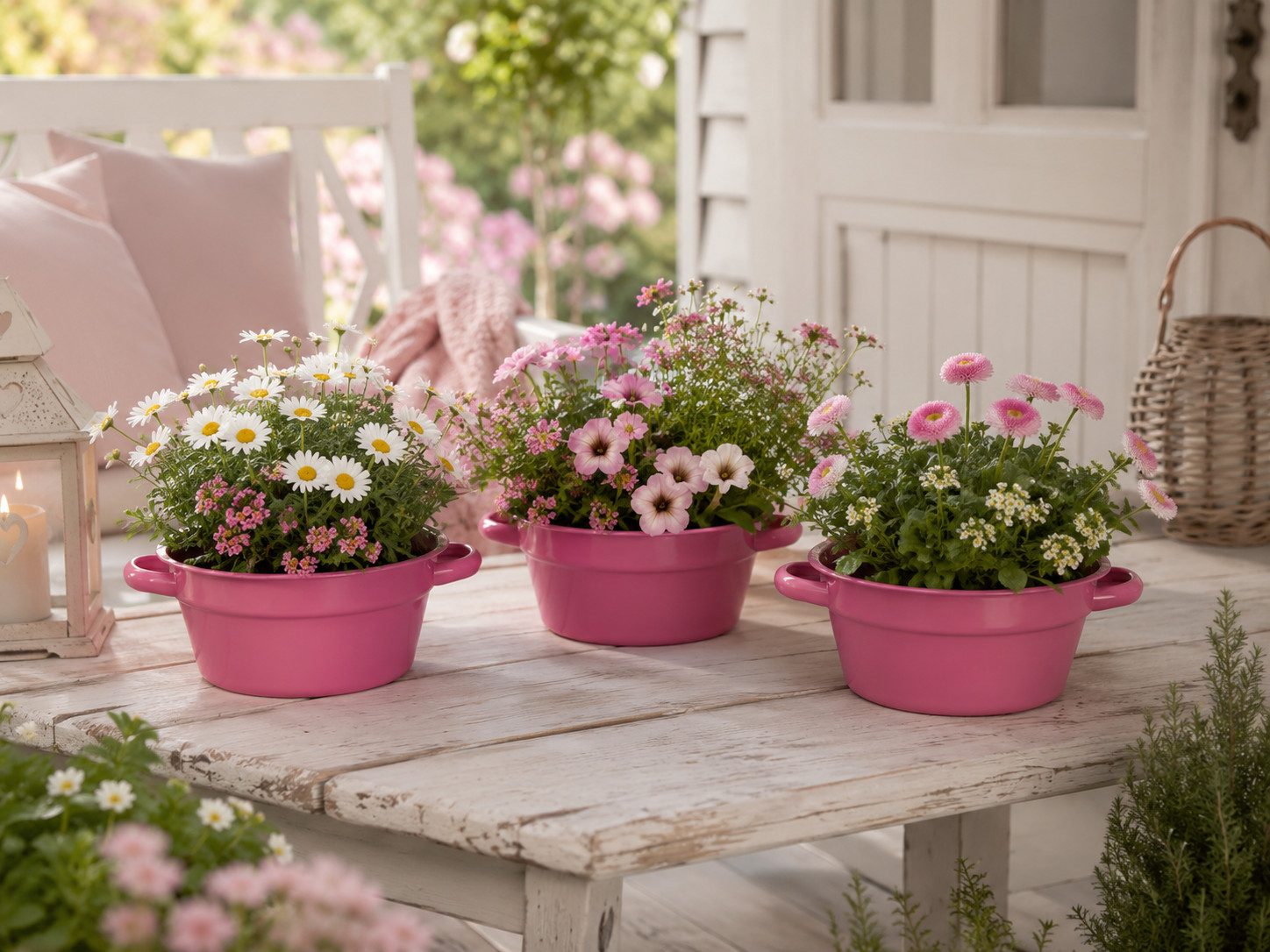 finehomegarden Pflanzschale Dekoschale 3er-Set Metall mit Henkel Pink Ø17cm H8cm Pflanzschale (Spar Set, 3 St., 3er-Set), Aufbewahrungsschale & Wohndeko