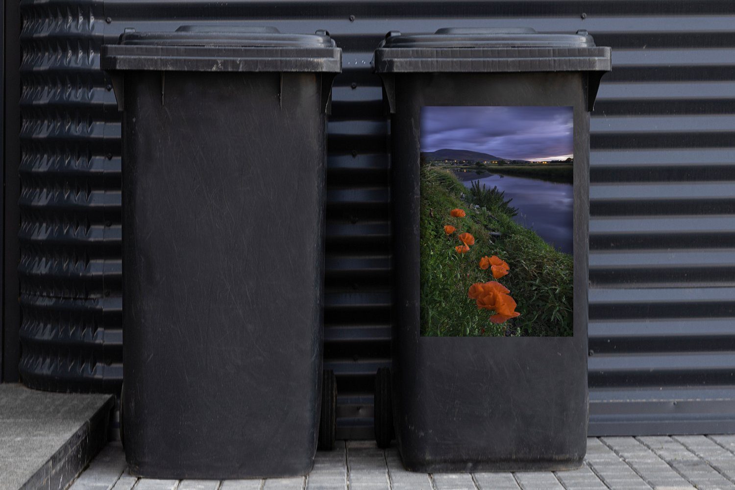 (1 Wandsticker Mohnblumen am Wasser St), Rote Abfalbehälter Container, Mülltonne, Sticker, Mülleimer-aufkleber, MuchoWow