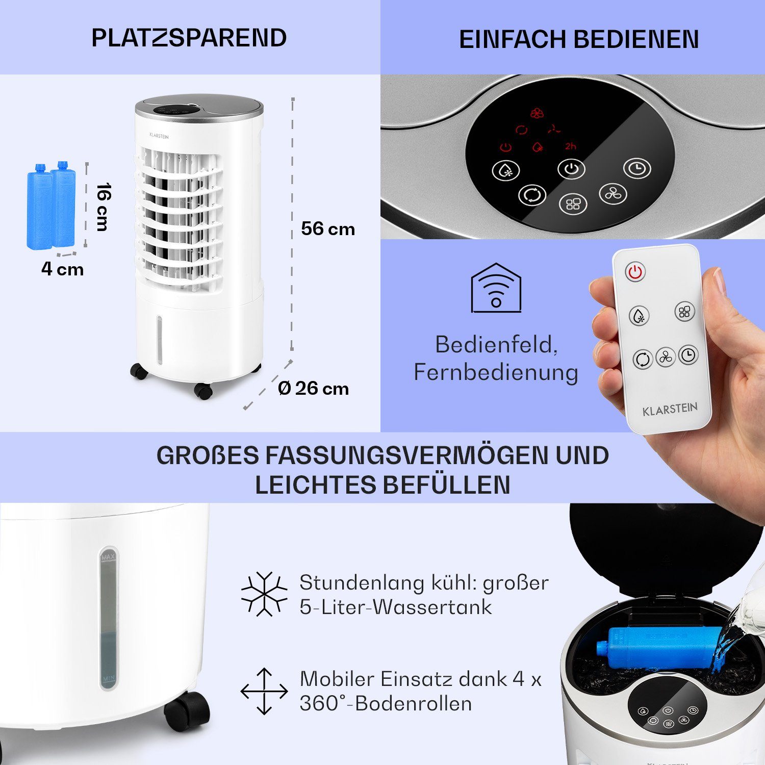 Klarstein Ventilatorkombigerät Skypillar 3-in-1 Luftkühler, mobil & Weiß ohne Abluftschlauch Wasserkühlung Klimagerät Eis mit