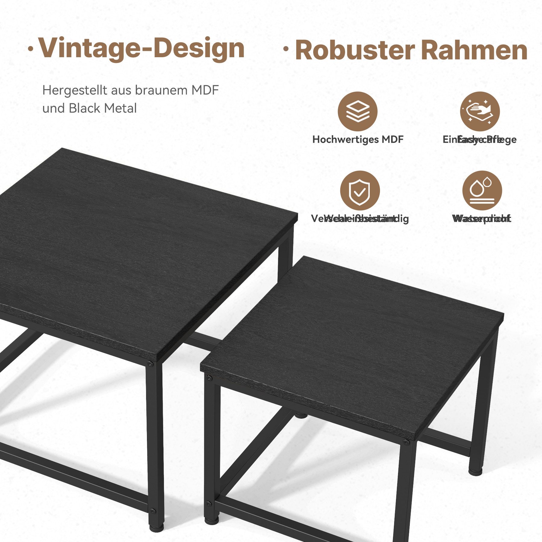 HawthyHome Couchtisch 2er-Set quadratischer Wohnzimmertisch aus Holz mit Metallgestell (2-St), moderner Beistelltisch für Wohnzimmer und Schlafzimmer, platzsparend