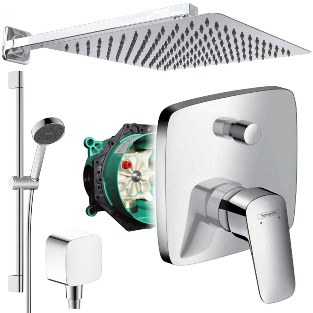 Hansgrohe und Jowi Duscharmatur Logis Unterputz Duschsystem mit Kopfbrause, Regendusche (Unterputz-Duschsystem, Set) mit Brausestange, 650mm
