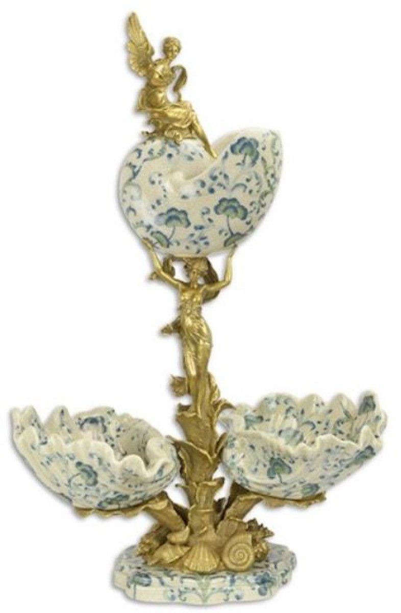 Casa Padrino Dekoobjekt Jugendstil / mit Tisch - x H. Deko Deko 27,5 Engelsfiguren - Barock cm 74 x Objekt Accessoires dekorativen Jugendstil Schalen / Gold & 49,4 Porzellan Blau Bronze Deko Creme