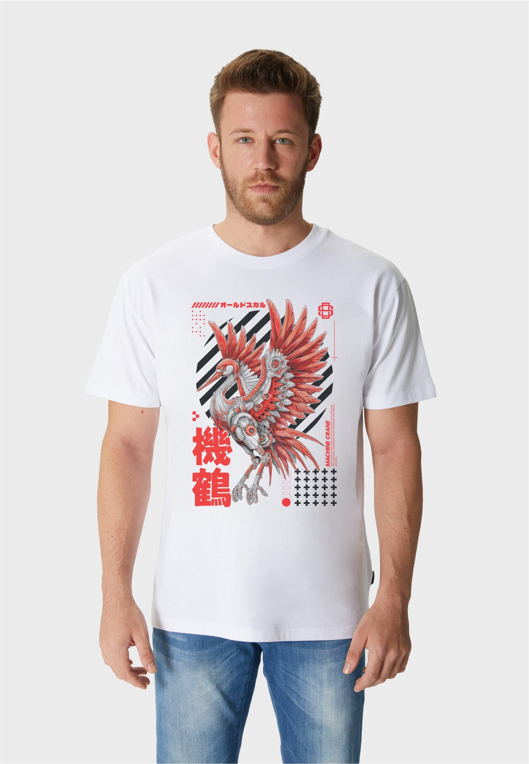 Oldskull T-Shirt Asian Neon Cyber Crane Graphic mit Fotodruck im fernöstlichen Stil