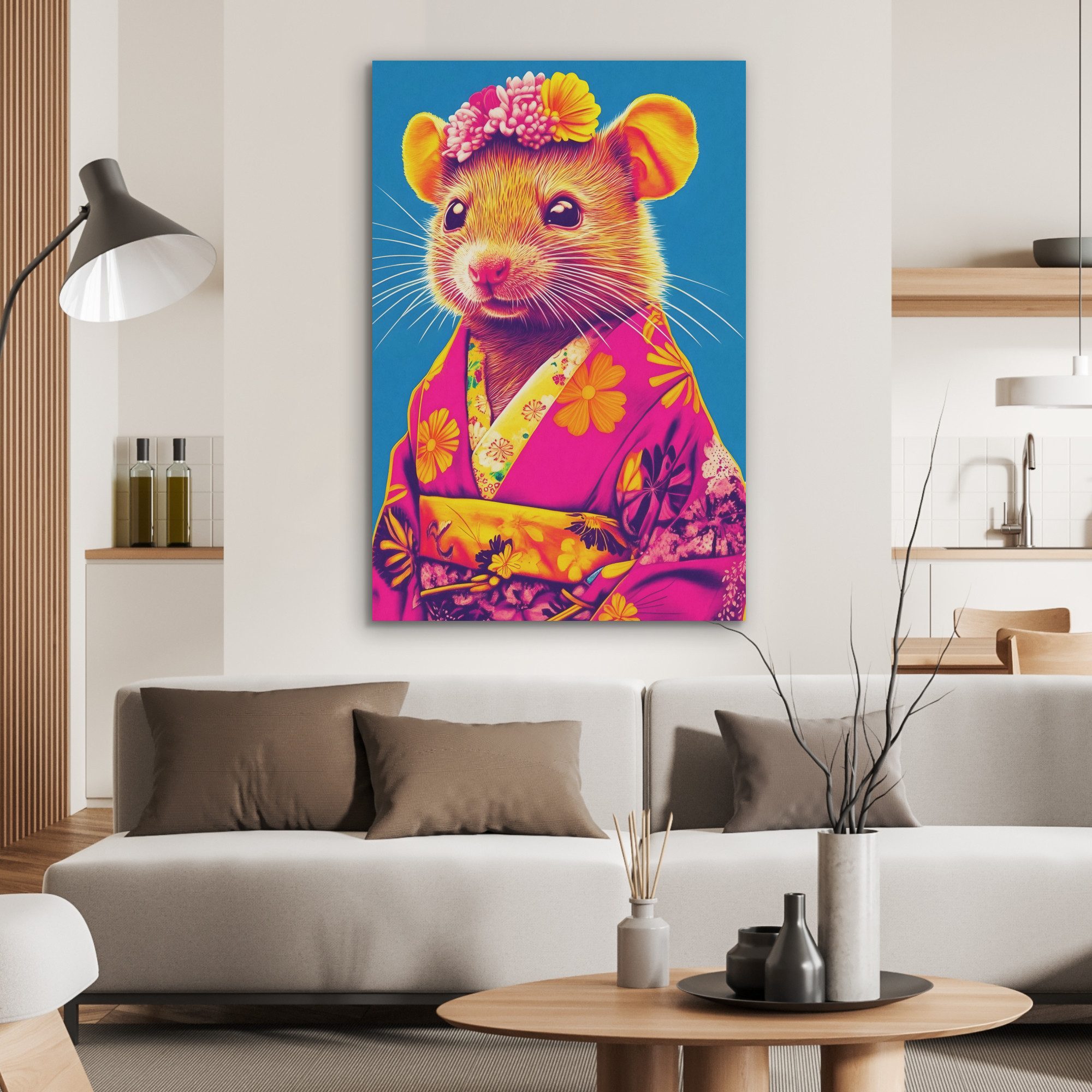 MuchoWow Gemälde Maus - Kimono - Blumen - Blau, Fotodruck (1 St), Akustikbilder PET-Filz, Wandpaneele, Akustikpaneele 60x90 cm