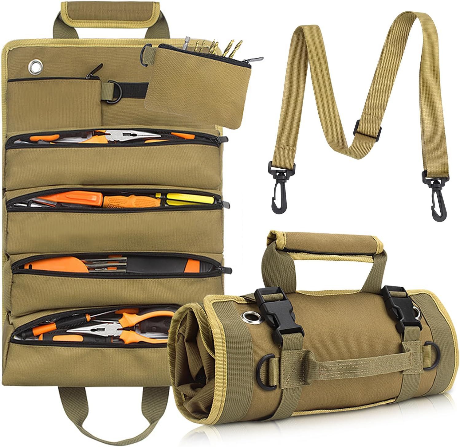 Rhein Beleuchtung Werkzeugtasche Werkzeug-Rolltasche, Canvas-Schraubenschlüssel-Werkzeugtasche (für Elektriker, HVAC, Klempner, Zimmermann oder Mechaniker), Abnehmbare Taschen*2 Zehn Taschen mit großem Fassungsvermögen*4