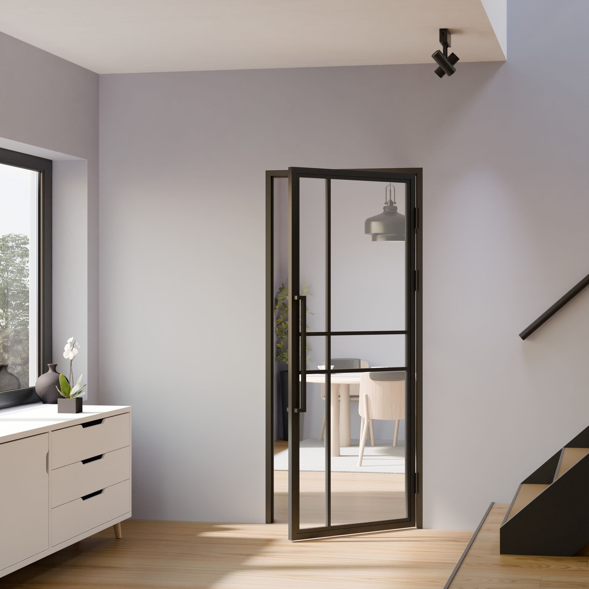 inova wohnen Zimmertür Loft-Glastür mit Stahlrahmen, Komplettset, Designfelder, Klarglas, 834x1972 mm, Türzarge und Stabgriff in Schwarz, DIN rechts