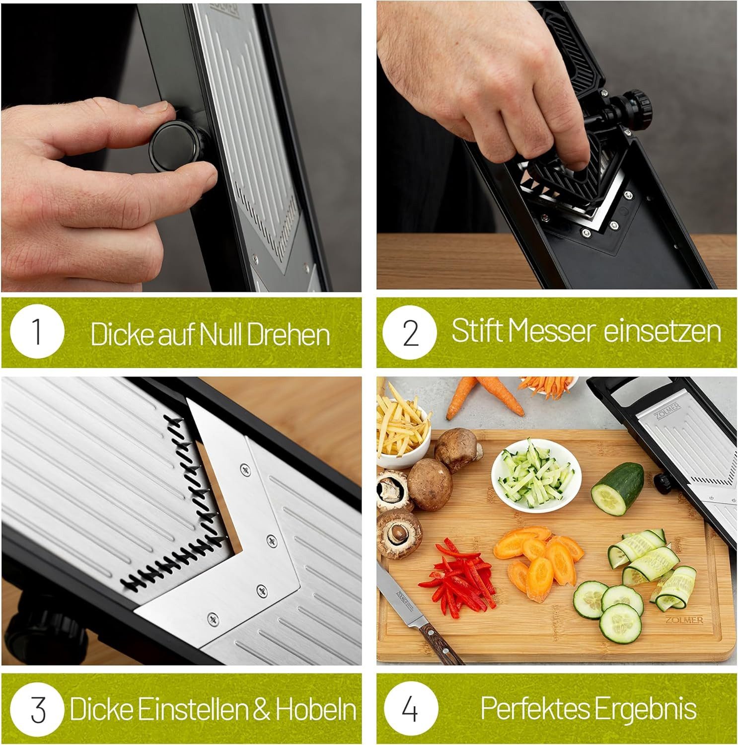 ZOLMER Gemüseschneider erstellbarer Gemüsehobel mit Zwei extra scharfen Julien Messer, Gemüsereibe inkl. Fingerschutz und Auffangschale