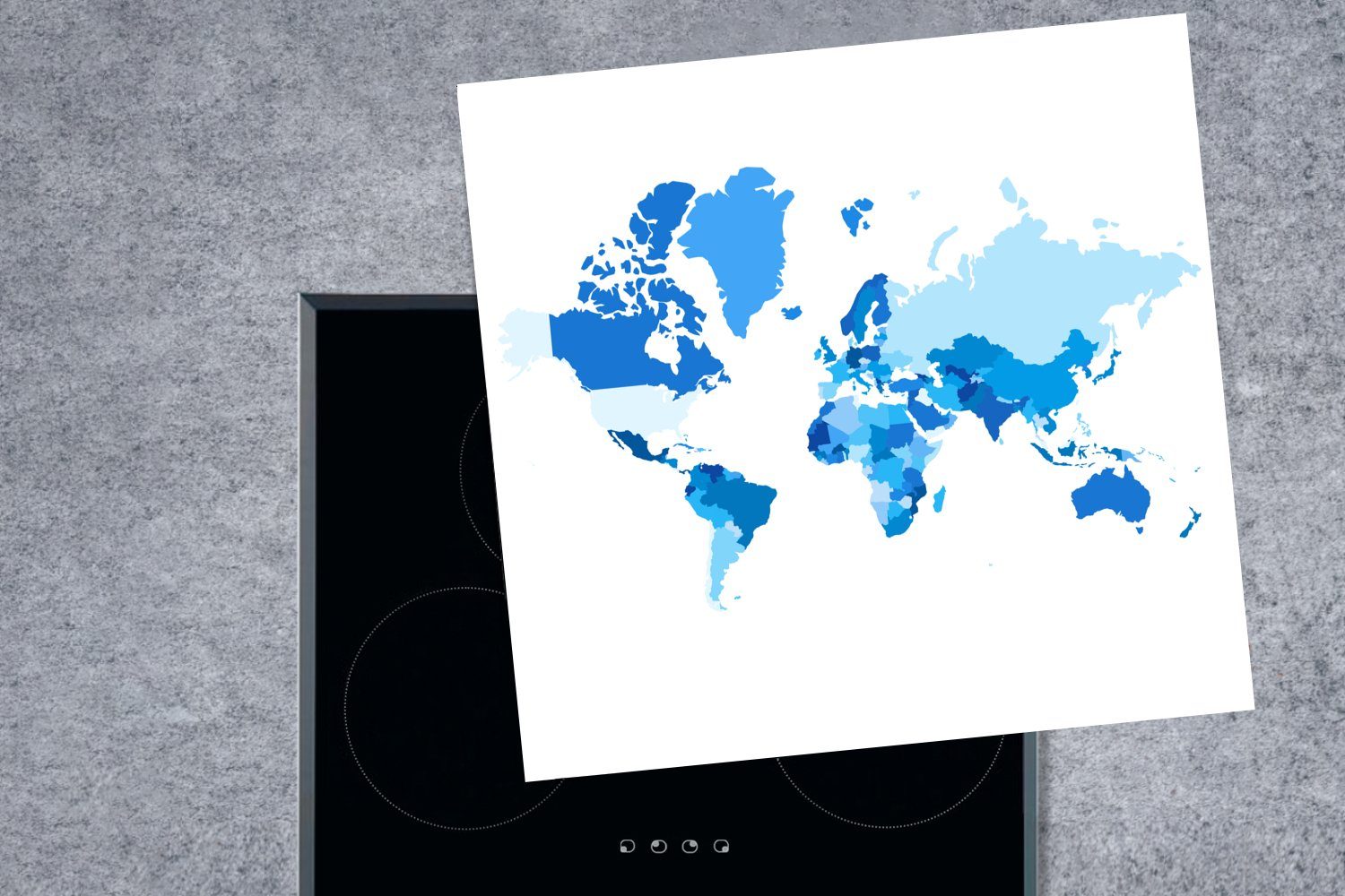 Weiß, küche Weltkarte Herdblende-/Abdeckplatte für (1 - Arbeitsplatte MuchoWow Ceranfeldabdeckung, 78x78 Vinyl, cm, - Blau tlg),