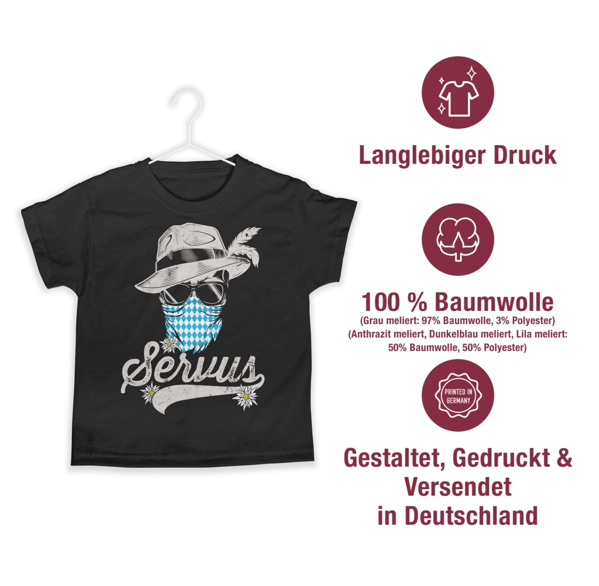Bavaria Bayern T-Shirt Oktoberfest 01 Servus Kinder Bayrisch Trachten Shirtracer Edelweiß Tirol für Totenkopf Mode Outfit Schwarz