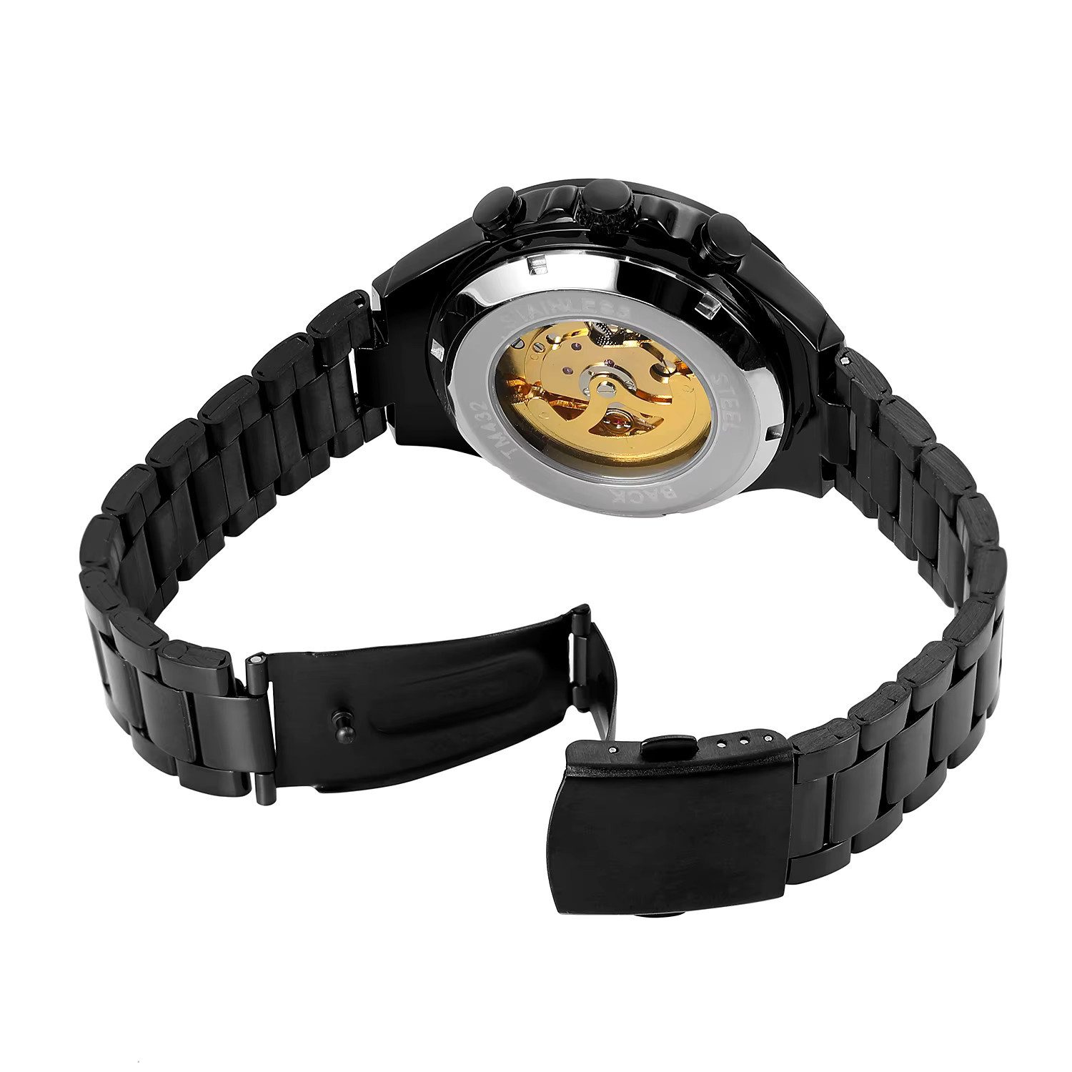 Rötting Design Automatikuhr Herrenuhr Armbanduhr Edelstahl Skelett schwarzes Design, (1-tlg), goldfarbenes Ziffernblatt