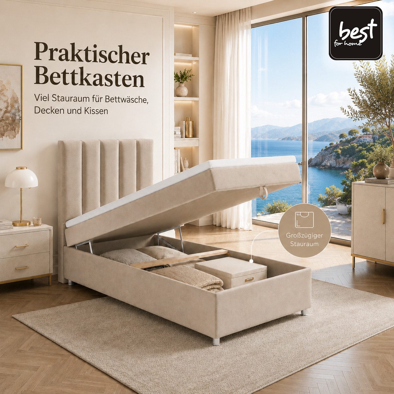 Best for Home Boxspringbett Trinity K10 SINGLE mit Bettkasten & Bonellfederkern, Komfort Topper H3 (Einzelbett, Polsterbett gepolstertes Kopfteil, Jugendbett, Kinderbett versch. Größen, 1-St., 70x200 80x200 90x200 100x200 cm), Stauraum unter dem Bett; Ergonomischer Schlafkomfort; Massivholzrahmen